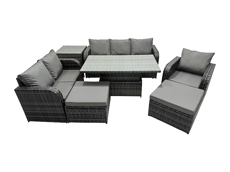 Ensemble Repas de Jardin Exterieur Table à manger réglable en hauteur Chaise inclinable Canapé avec Tables d'appoint 2 Grand tabourets Gris foncé mixte