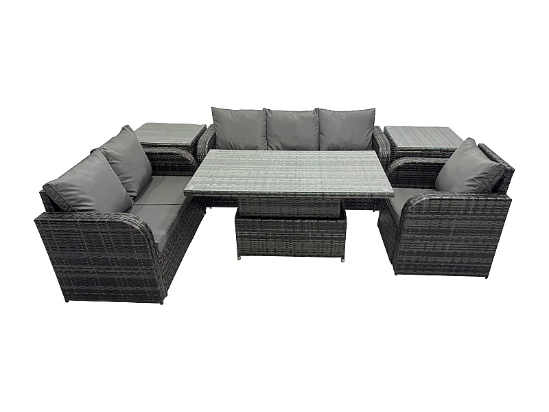 Rattan Gartenmöbel im Freien Patio höhenverstellbarer Tisch Liegestühle Sofa mit 2 Beistelltischen Dunkelgrau Gemischt
