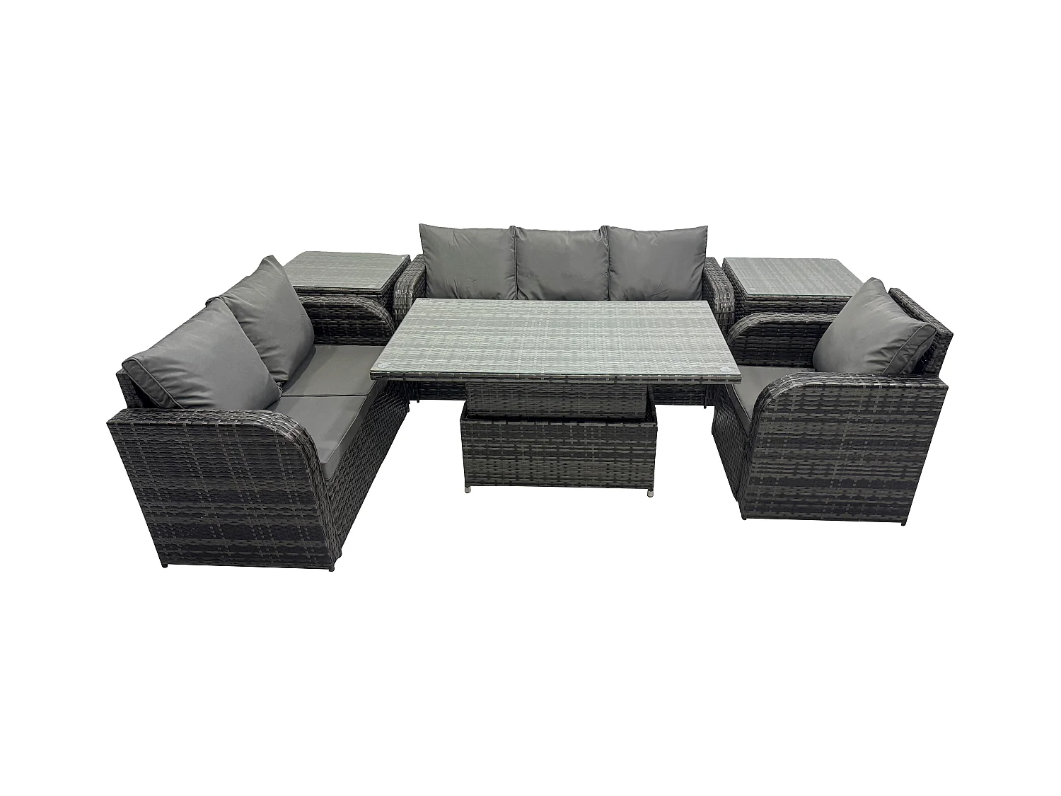 Rattan Gartenmöbel im Freien Patio höhenverstellbarer Tisch Liegestühle Sofa mit 2 Beistelltischen Dunkelgrau Gemischt