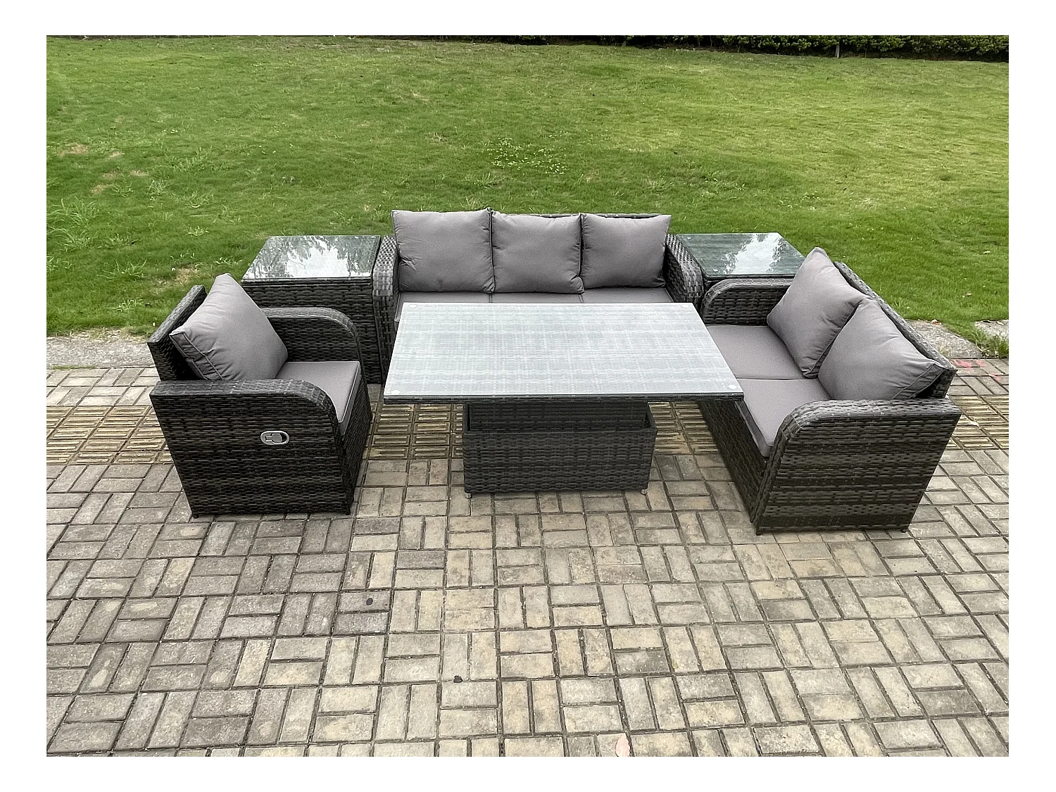 Rattan Gartenmöbel im Freien Patio höhenverstellbarer Tisch Liegestühle Sofa mit 2 Beistelltischen Dunkelgrau Gemischt