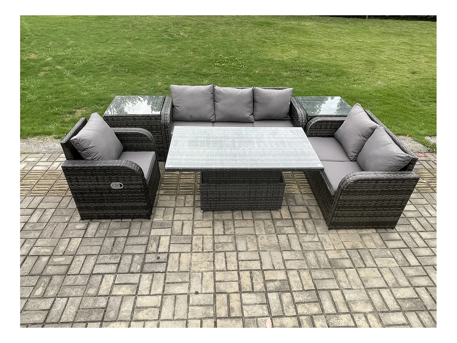 Rattan Gartenmöbel im Freien Patio höhenverstellbarer Tisch Liegestühle Sofa mit 2 Beistelltischen Dunkelgrau Gemischt