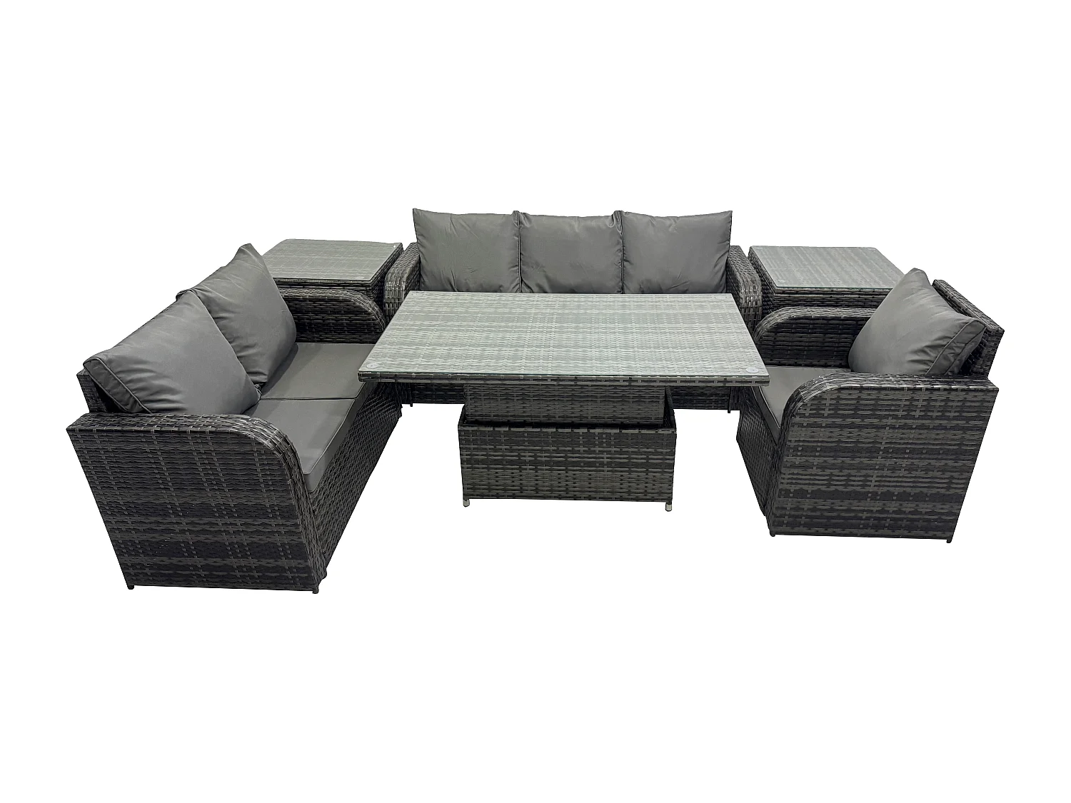 Salon de Jardin en Résine Ensemble Repas de Jardin Exterieur Table à manger réglable en hauteur Chaise inclinable Canapé avec 2 Tables d'appoint Gris foncé mixte