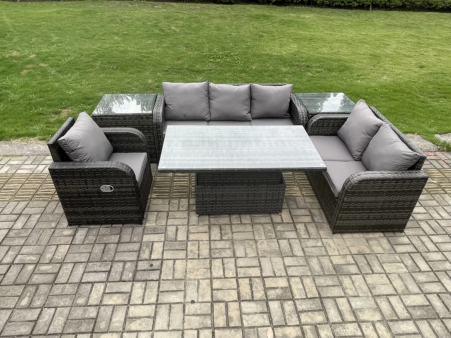 Salon de Jardin en Résine Ensemble Repas de Jardin Exterieur Table à manger réglable en hauteur Chaise inclinable Canapé avec 2 Tables d'appoint Gris foncé mixte