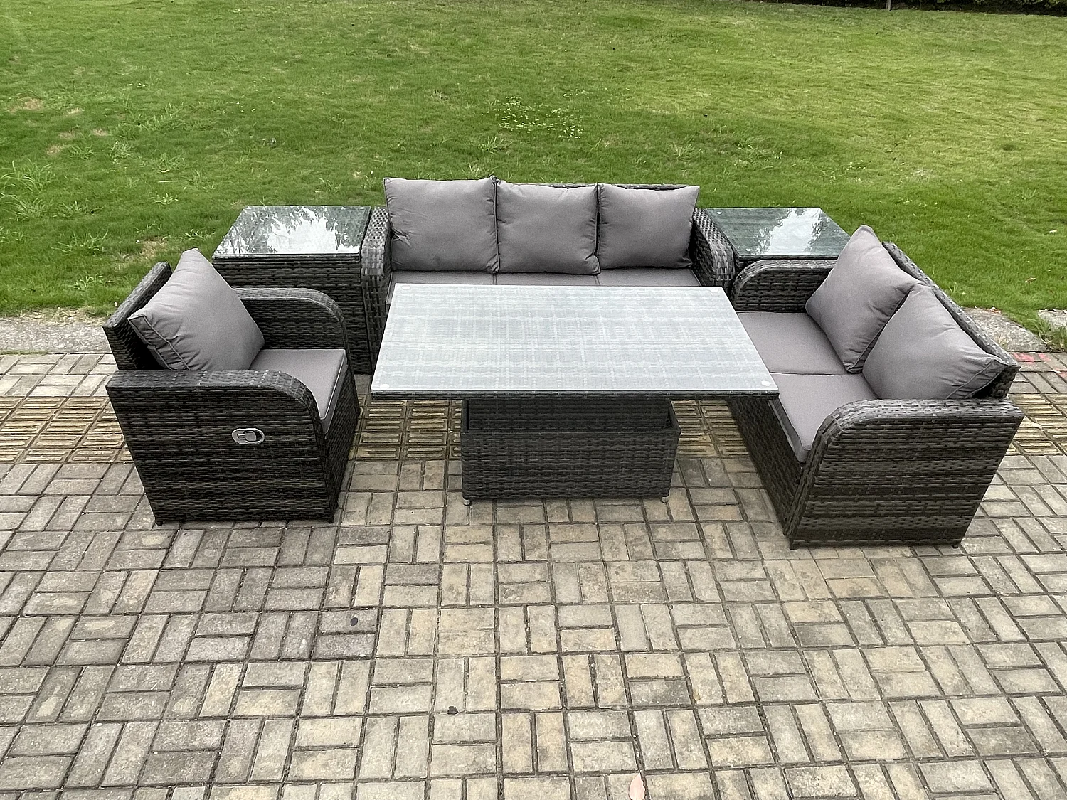 Salon de Jardin en Résine Ensemble Repas de Jardin Exterieur Table à manger réglable en hauteur Chaise inclinable Canapé avec 2 Tables d'appoint Gris foncé mixte