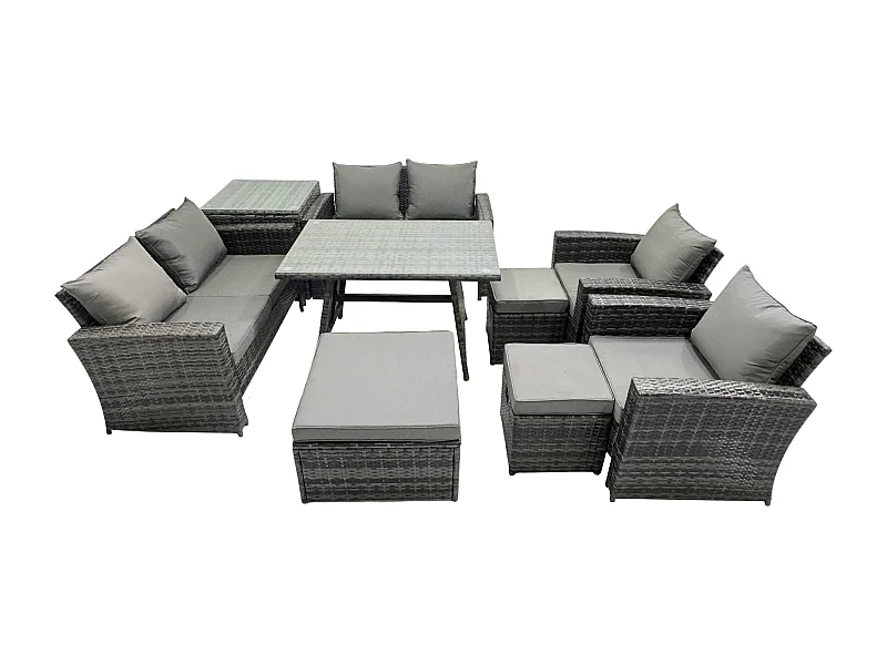 9 Pièces Ensemble de canapé en rotin extérieur avec 3 Tabourets Table d'appoint Gris foncé mixte