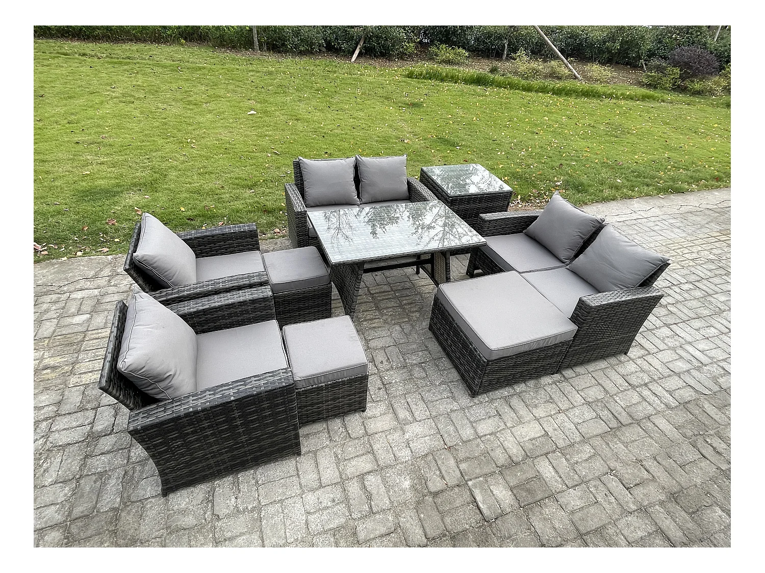 Gartenmöbelset 9 Stücke Polyrattan Garten Sofa im Freien mit 3 Hockern Beistelltisch Dunkelgrau Gemischt