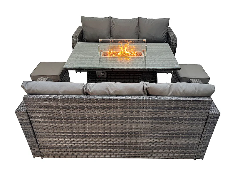 Salon de jardin avec Table de foyer à gaz 8 places Ensemble de canapés en rotin Gris foncé mixte