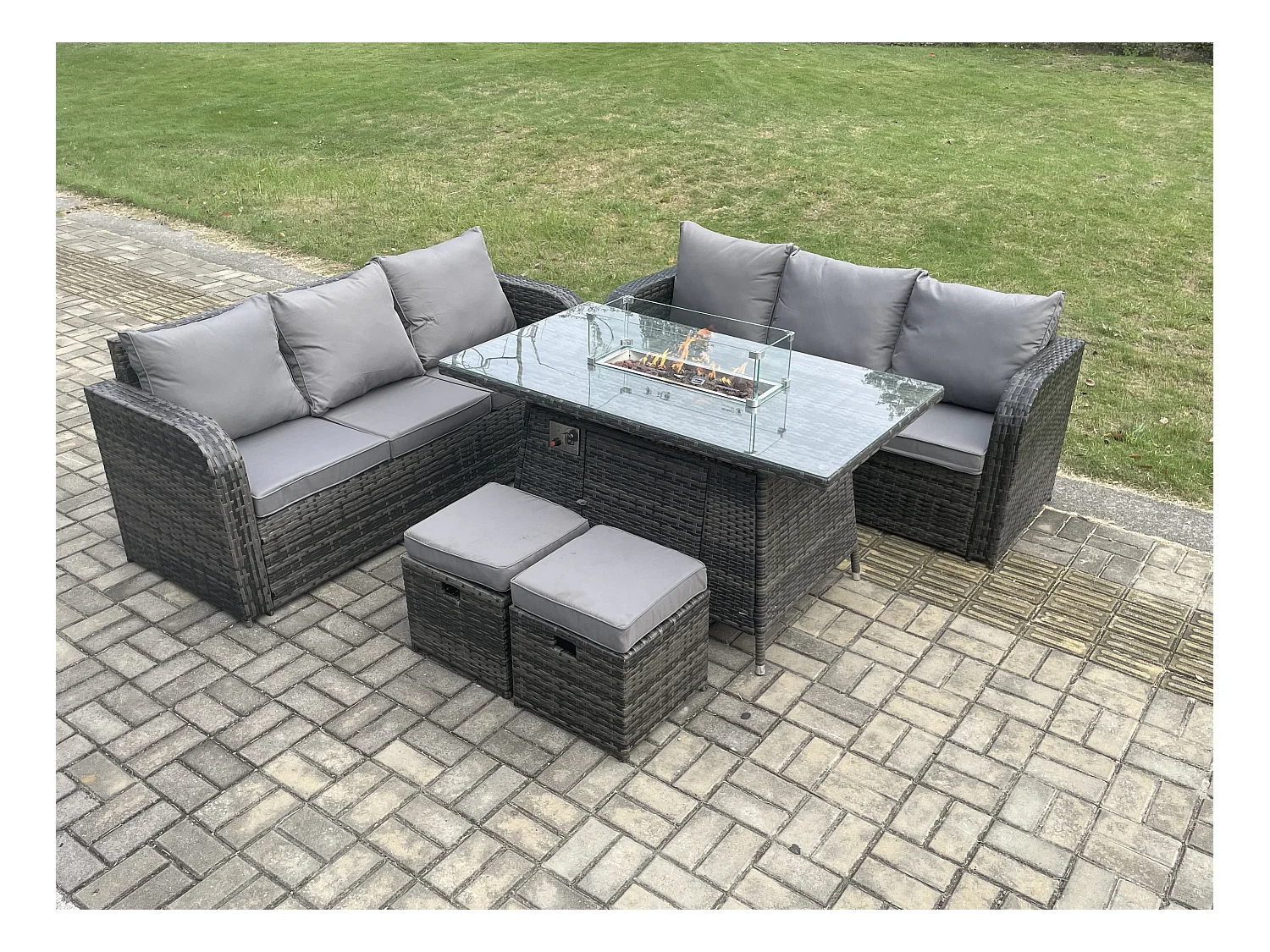 Salon de jardin avec Table de foyer à gaz 8 places Ensemble de canapés en rotin Gris foncé mixte