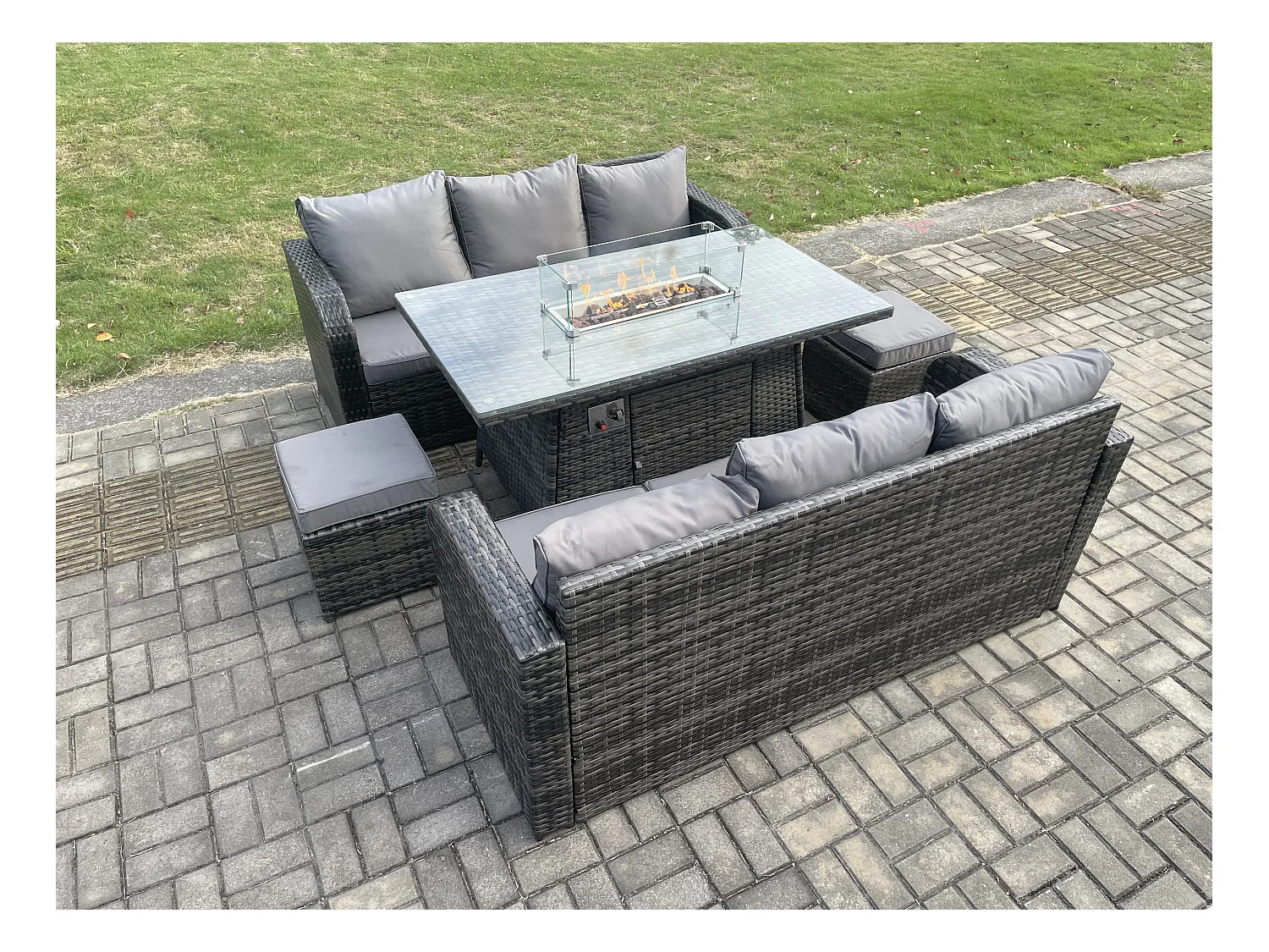 Salon de jardin avec Table de foyer à gaz 8 places Ensemble de canapés en rotin Gris foncé mixte