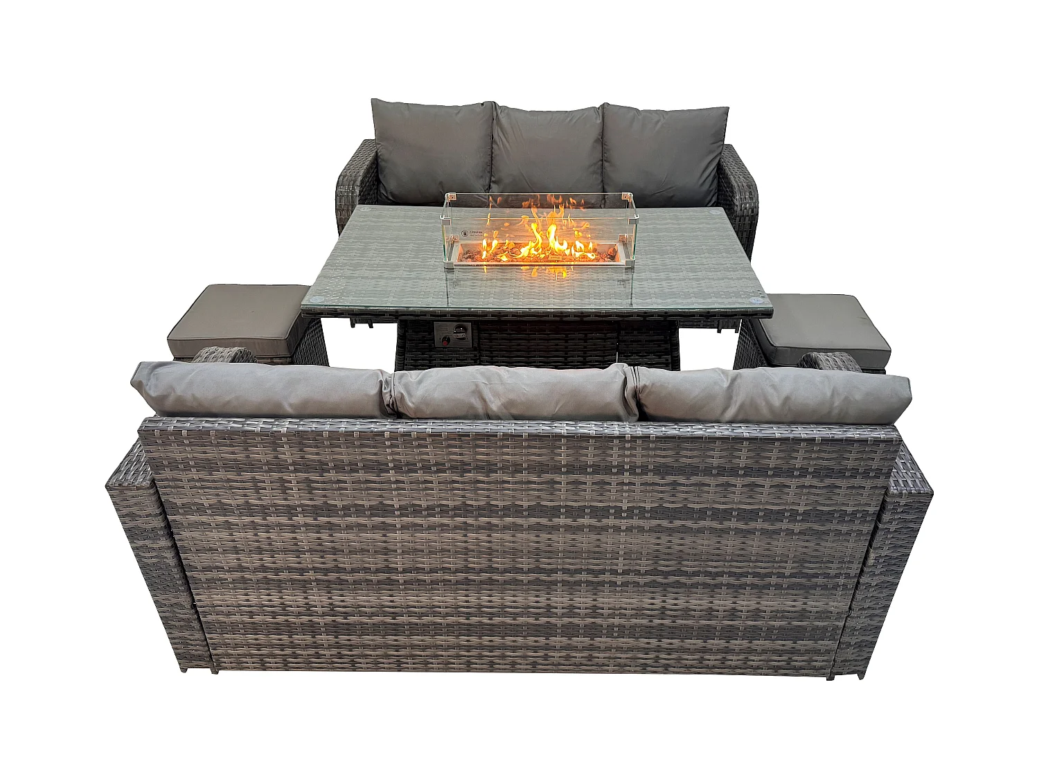 Polyrattan Gartenmöbel Set mit Gasfeuerstelle Esstisch Set 8-Sitzer Garten Sofa im Freien Set Dunkelgrau Gemischt