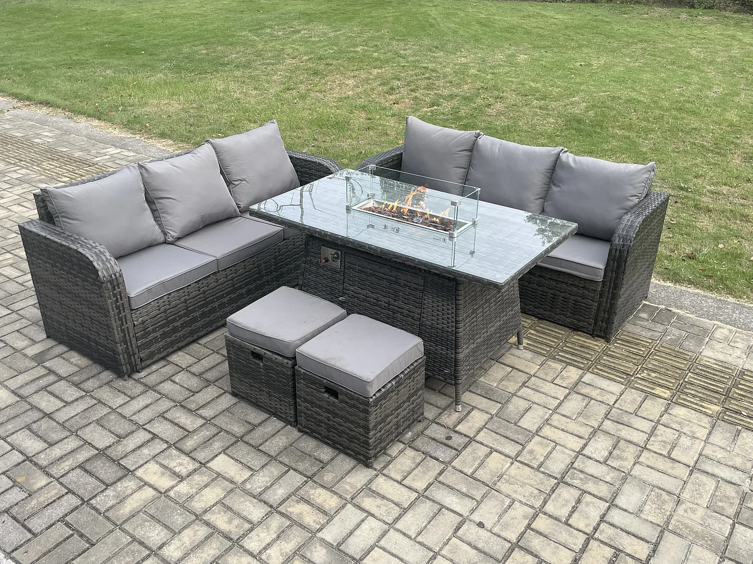 Polyrattan Gartenmöbel Set mit Gasfeuerstelle Esstisch Set 8-Sitzer Garten Sofa im Freien Set Dunkelgrau Gemischt