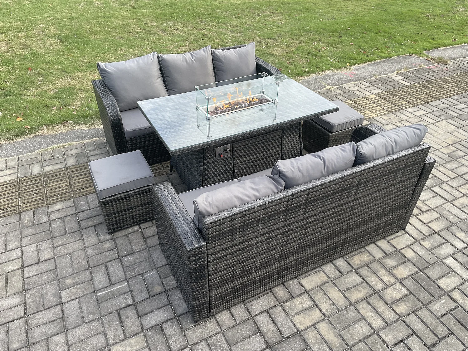 Polyrattan Gartenmöbel Set mit Gasfeuerstelle Esstisch Set 8-Sitzer Garten Sofa im Freien Set Dunkelgrau Gemischt