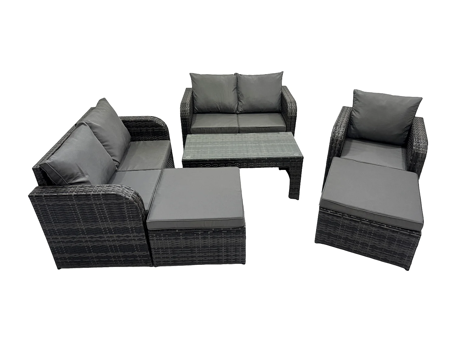 7-Sitzer Hoher Rücken Rattan Gartenmöbel Sets mit Rechteckiger Couchtisch Liegestühle Love Sofa 2 hohen Hockern