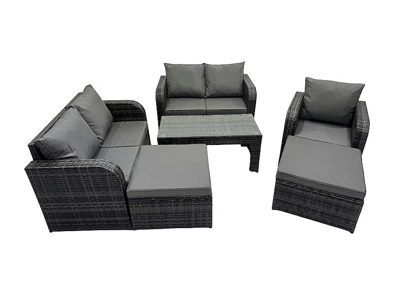 7-Sitzer Hoher Rücken Rattan Gartenmöbel Sets mit Rechteckiger Couchtisch Liegestühle Love Sofa 2 hohen Hockern