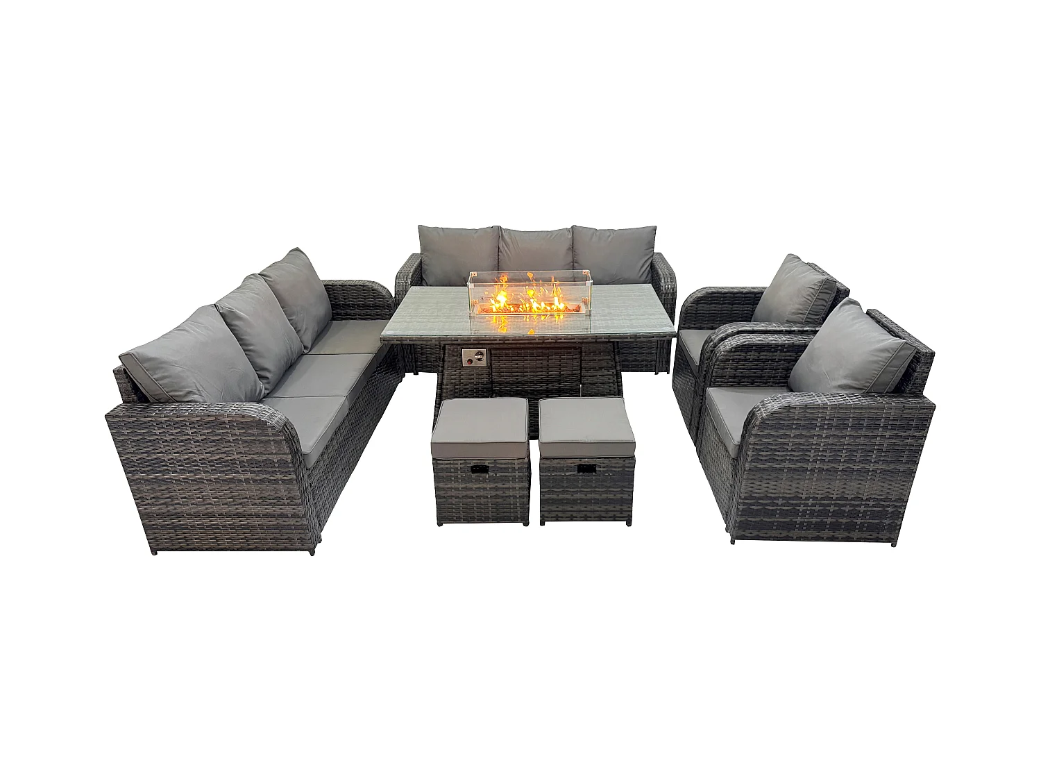 Polyrattan Gartenmöbel Set Garten Sofa im Freien Gasfeuerstelle Esstisch Set mit 2 kleine Fußhockern