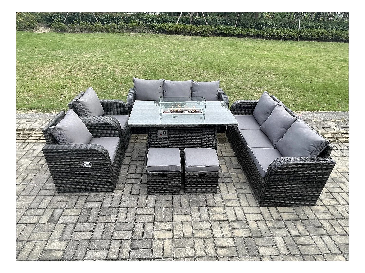 Polyrattan Gartenmöbel Set Garten Sofa im Freien Gasfeuerstelle Esstisch Set mit 2 kleine Fußhockern