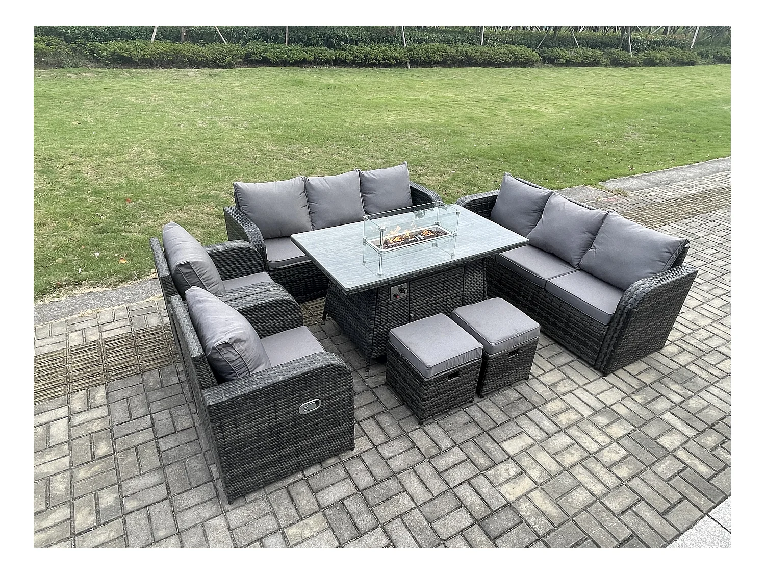 Polyrattan Gartenmöbel Set Garten Sofa im Freien Gasfeuerstelle Esstisch Set mit 2 kleine Fußhockern