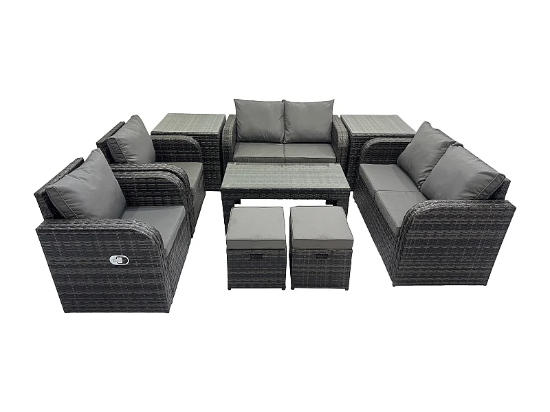 9 Stück Polyrattan Gartenmöbel Set Rattansofa, Tisch und Sesseln Couchtisch 2 kleine Fußhockern Terrassenset