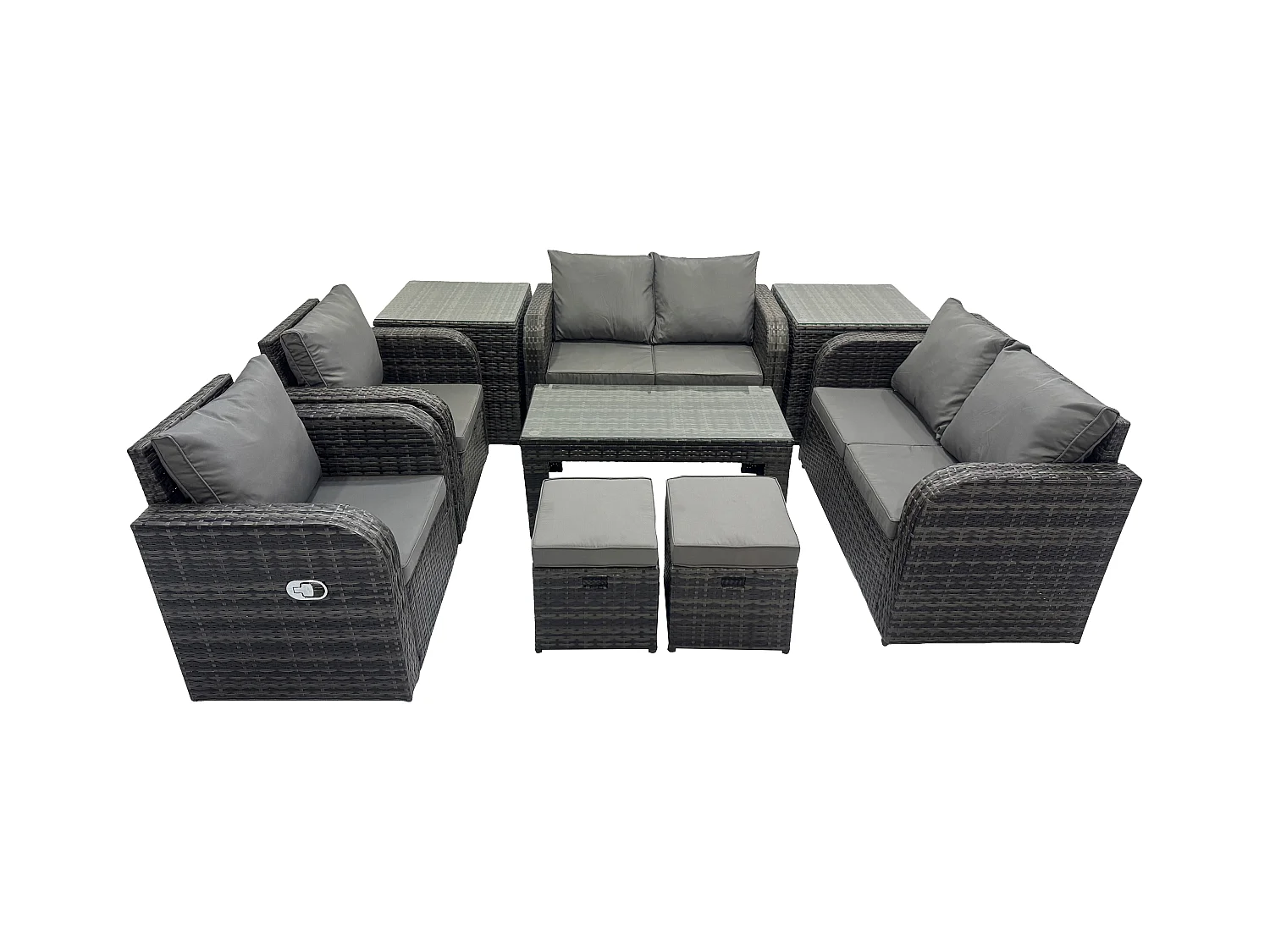 9 Stück Polyrattan Gartenmöbel Set Rattansofa, Tisch und Sesseln Couchtisch 2 kleine Fußhockern Terrassenset