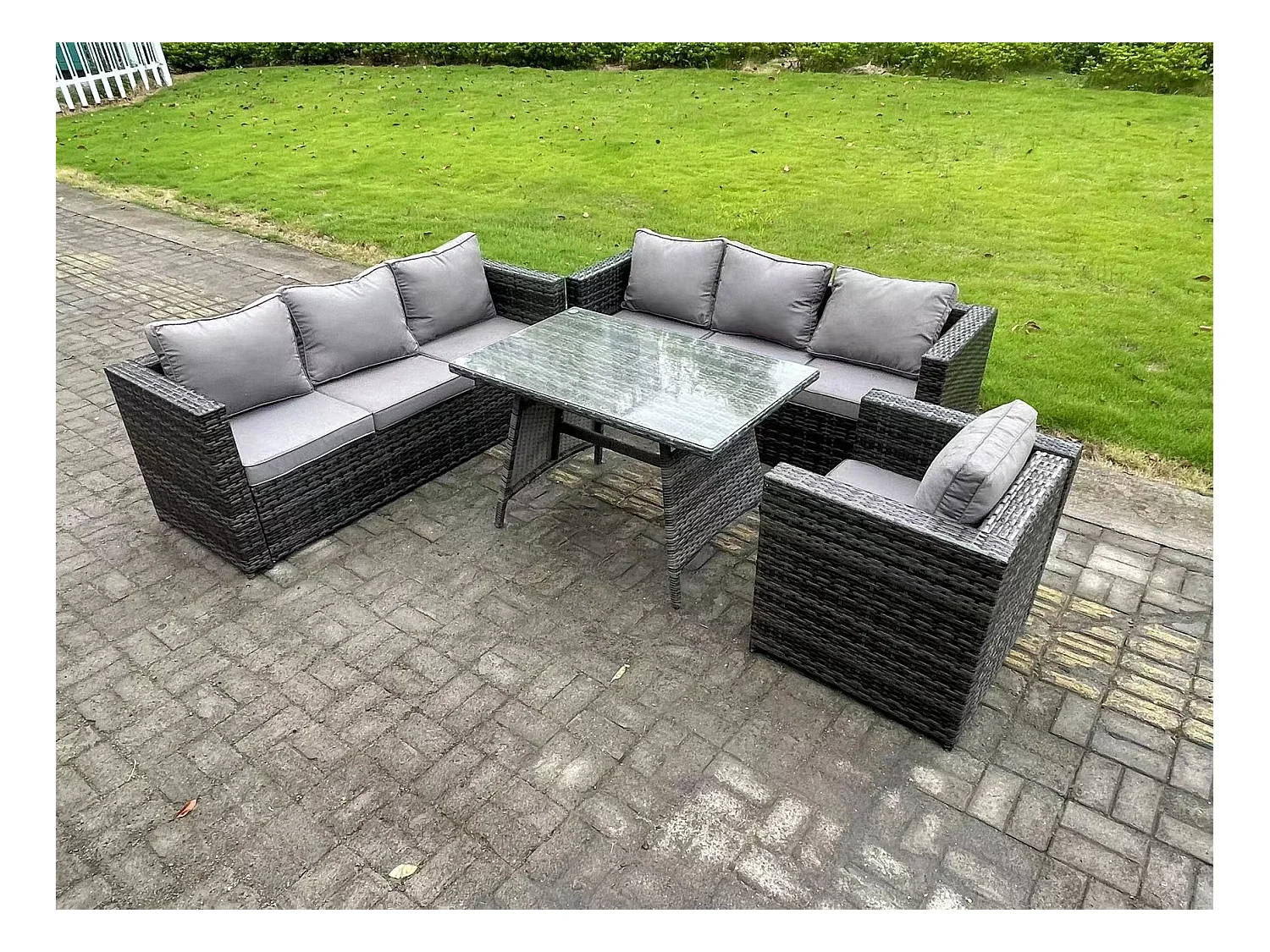 Polyrattan Garten Esstisch Set Gartenmöbel Sofa mit Patio Sessel 7-Sitzer Dunkelgrau Gemischt