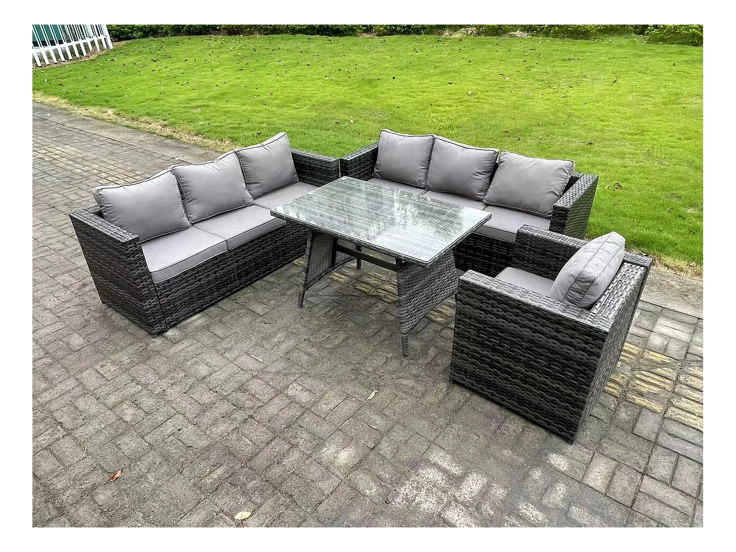 Polyrattan Garten Esstisch Set Gartenmöbel Sofa mit Patio Sessel 7-Sitzer Dunkelgrau Gemischt