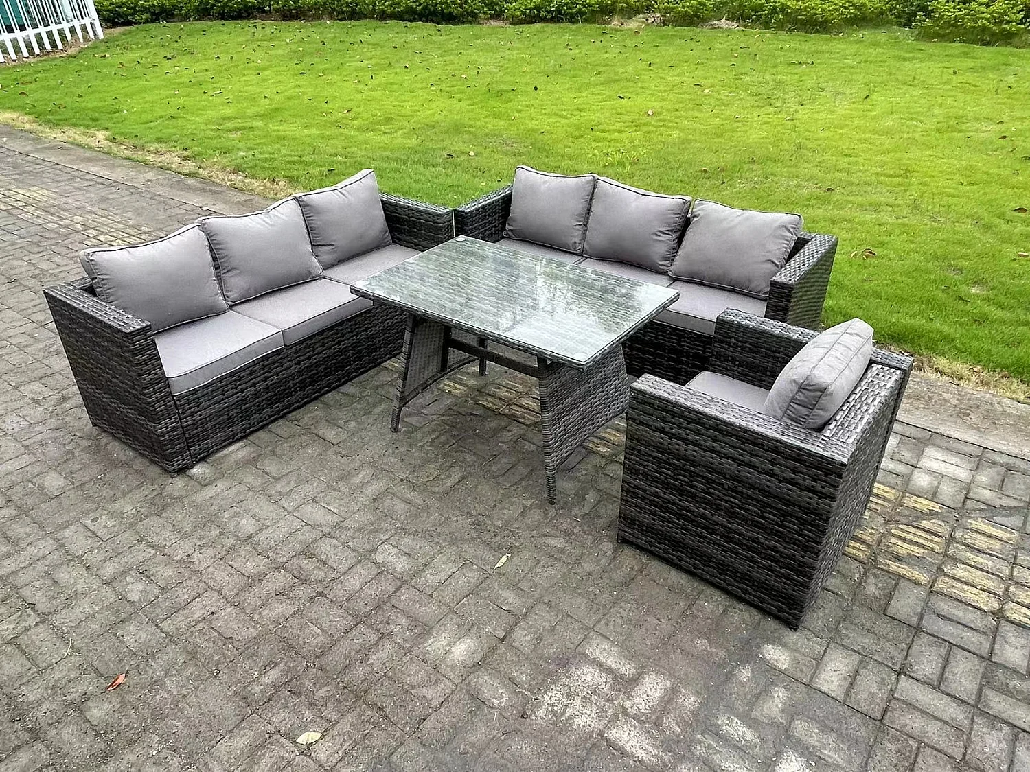 Polyrattan Garten Esstisch Set Gartenmöbel Sofa mit Patio Sessel 7-Sitzer Dunkelgrau Gemischt