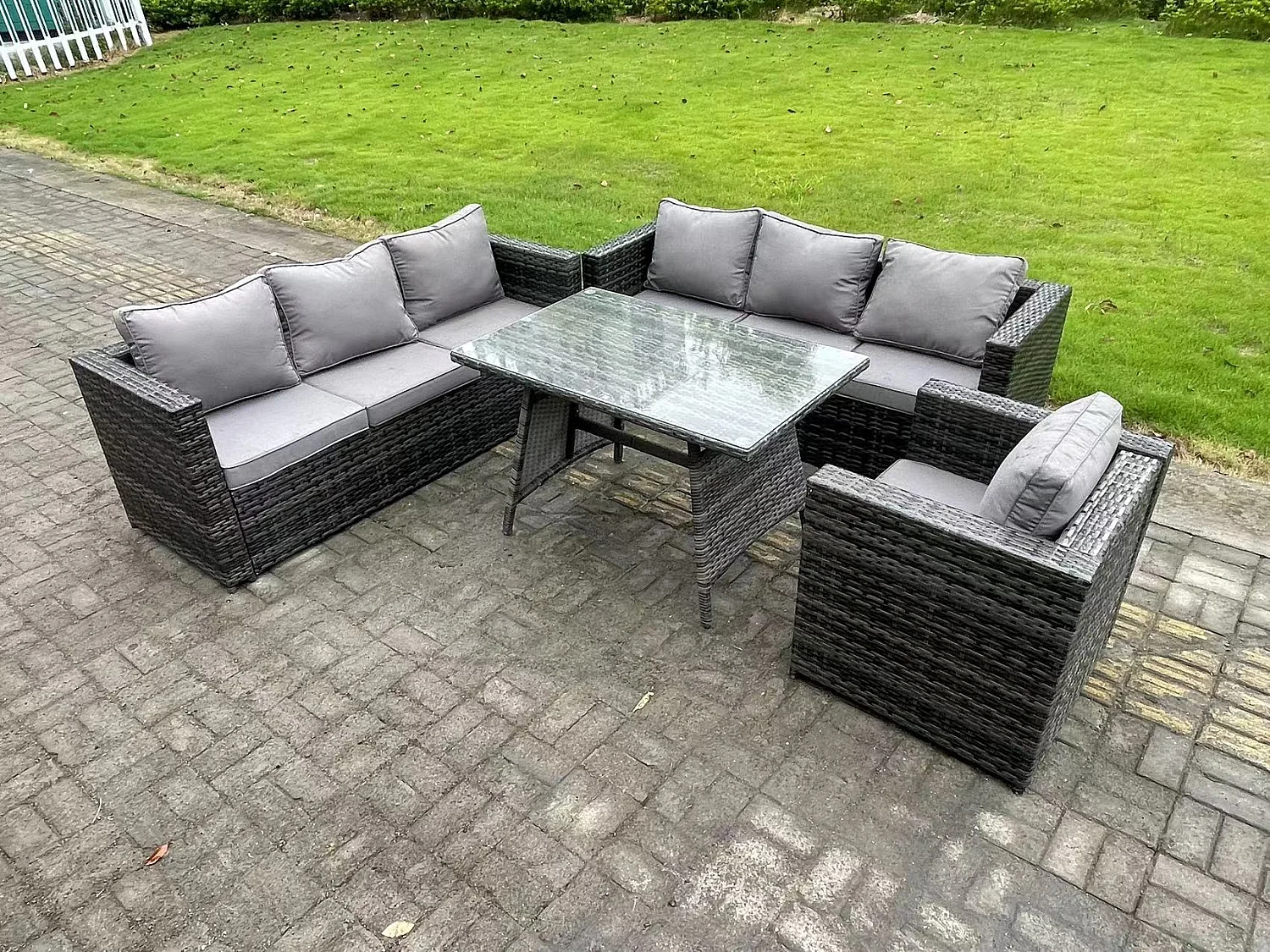 Polyrattan Garten Esstisch Set Gartenmöbel Sofa mit Patio Sessel 7-Sitzer Dunkelgrau Gemischt