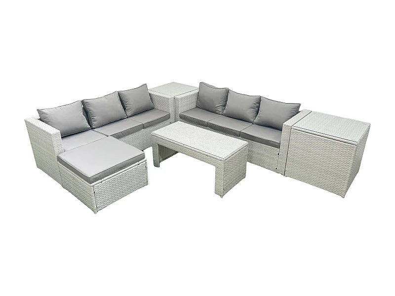 7 places Salon de Jardin Extérieur Canapé de jardin en rotin Table basse oblongue avec Grand tabouret 2 Tables d'appoint Gris clair mixte