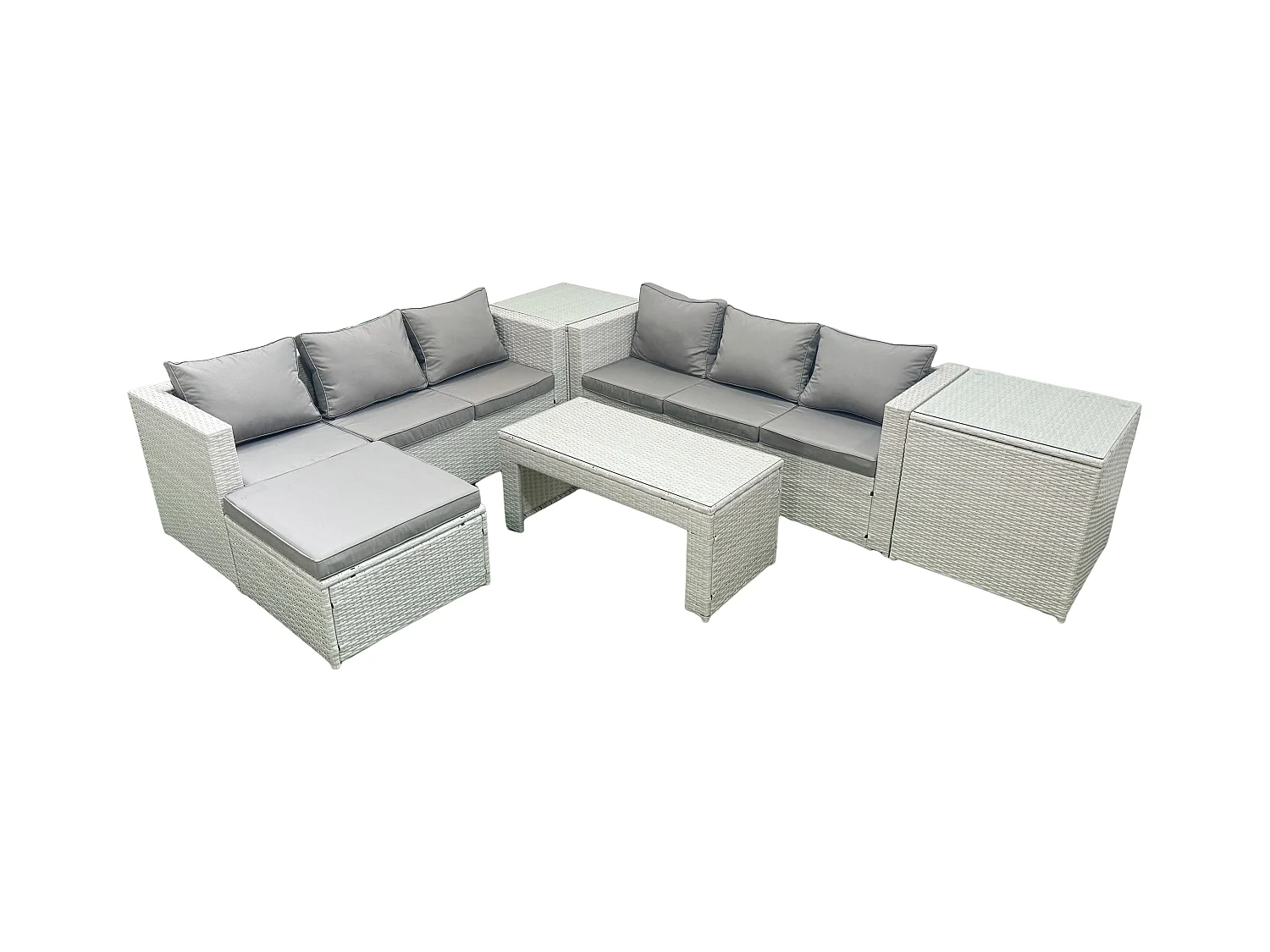 7 places Salon de Jardin Extérieur Canapé de jardin en rotin Table basse oblongue avec Grand tabouret 2 Tables d'appoint Gris clair mixte