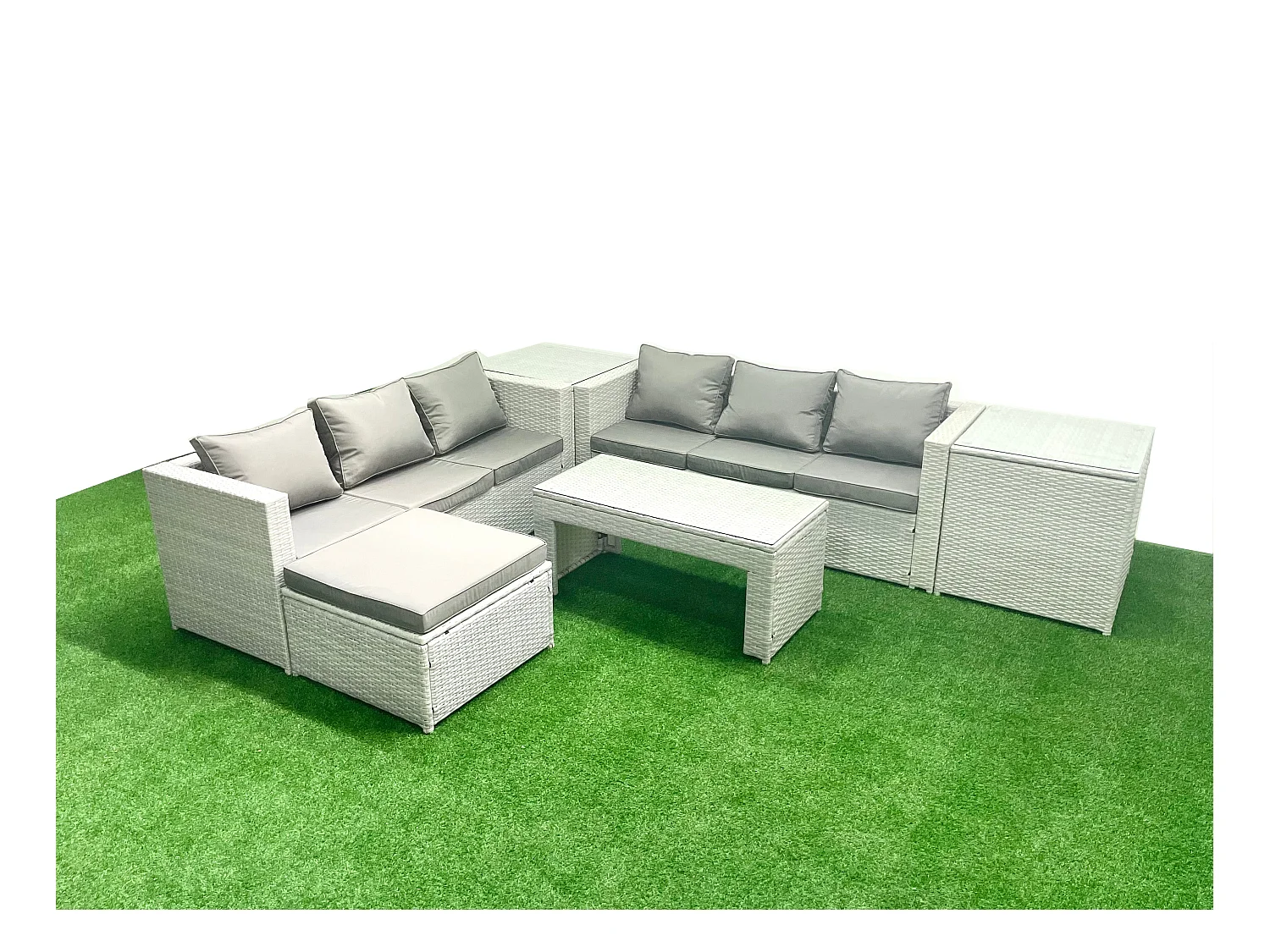 7 places Salon de Jardin Extérieur Canapé de jardin en rotin Table basse oblongue avec Grand tabouret 2 Tables d'appoint Gris clair mixte