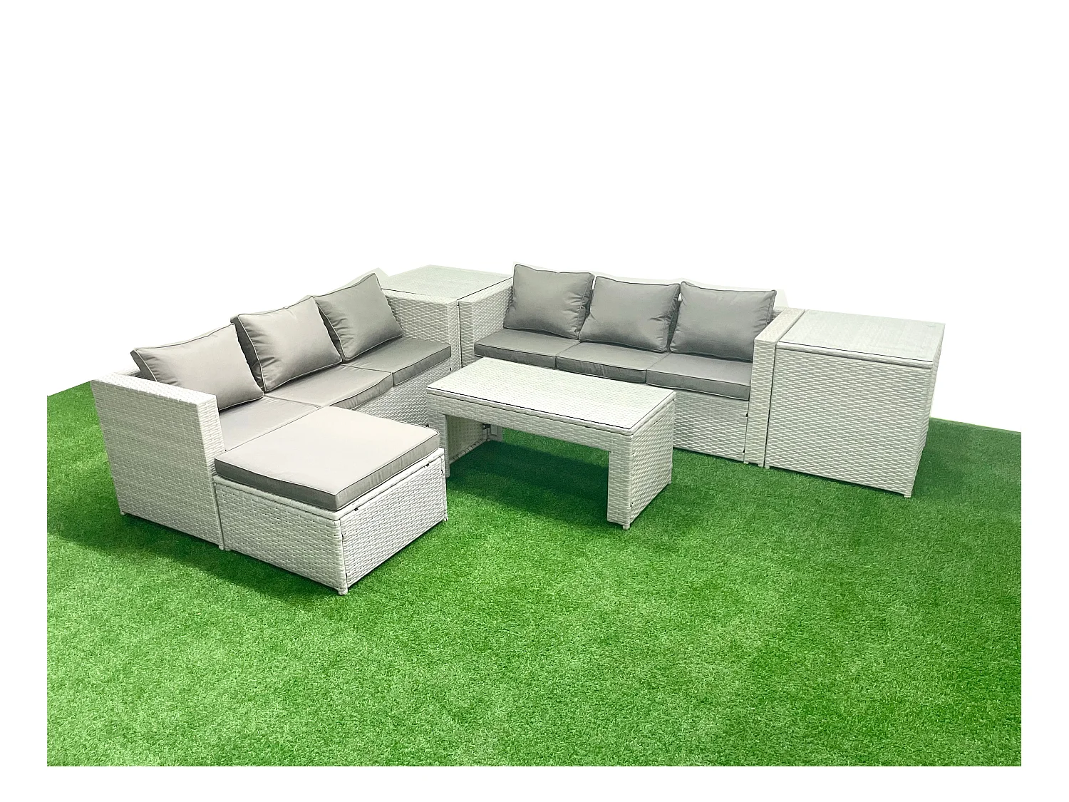 7 places Salon de Jardin Extérieur Canapé de jardin en rotin Table basse oblongue avec Grand tabouret 2 Tables d'appoint Gris clair mixte