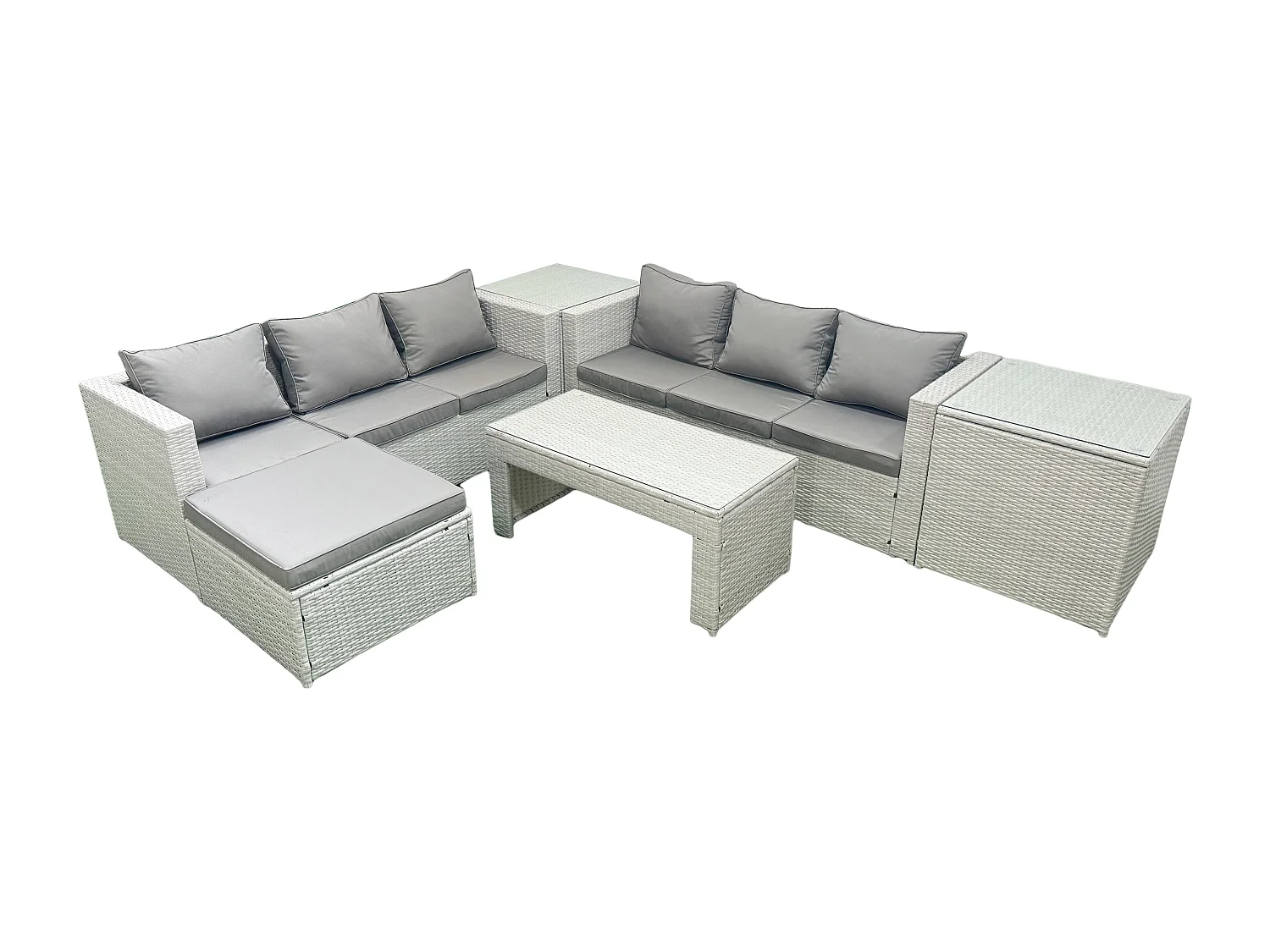 7-Sitzer Gartenmöbel-Set im Freien Polyrattan Garten Sofa Rechteckiger Couchtisch Set mit 2 Großer Hockern 2 Beistelltischen Hellgrau gemischt