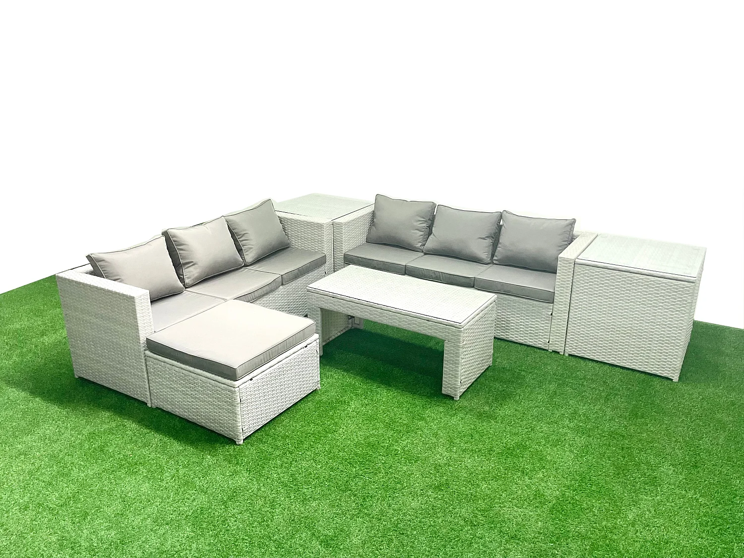 7-Sitzer Gartenmöbel-Set im Freien Polyrattan Garten Sofa Rechteckiger Couchtisch Set mit 2 Großer Hockern 2 Beistelltischen Hellgrau gemischt