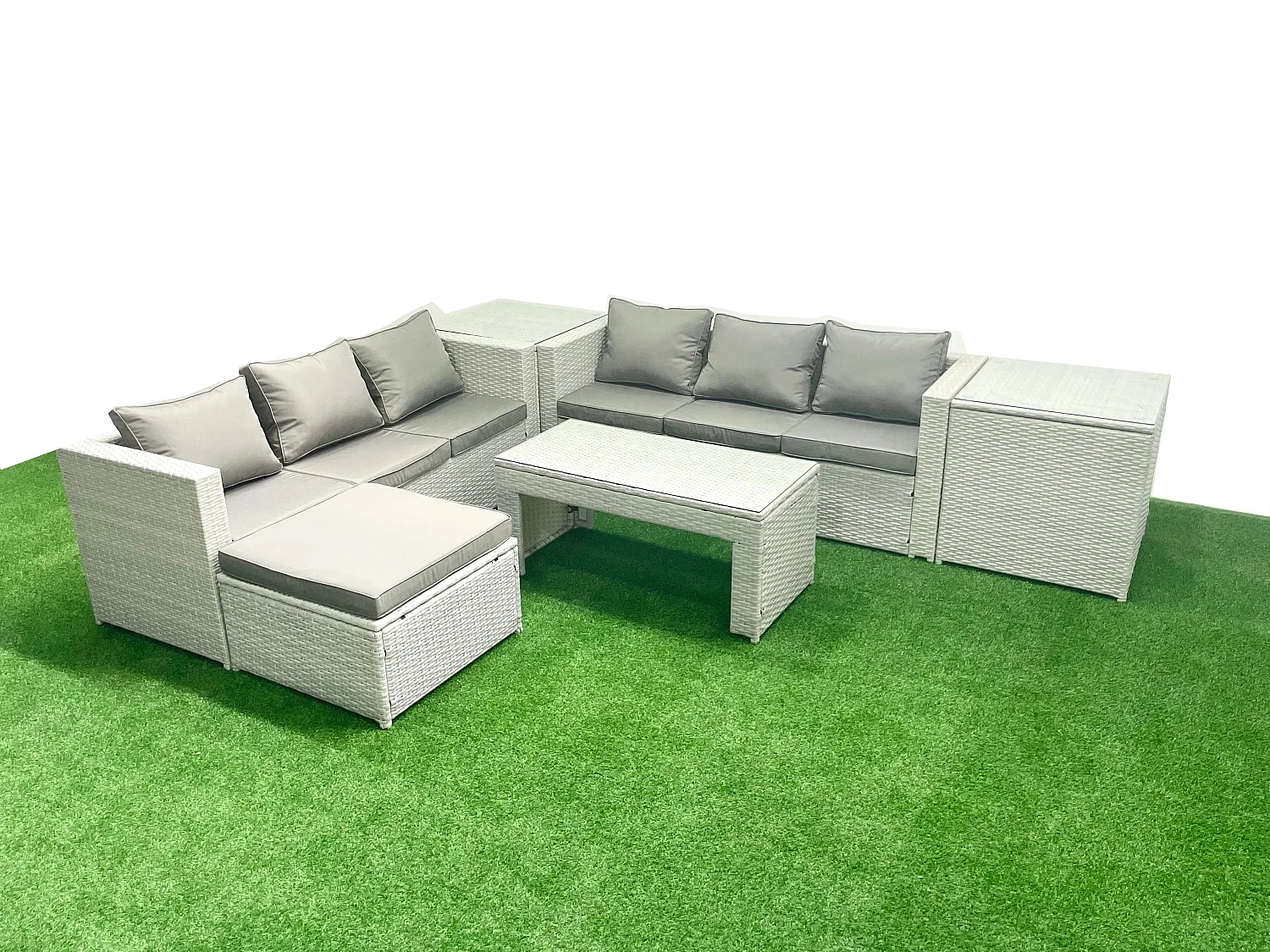 7-Sitzer Gartenmöbel-Set im Freien Polyrattan Garten Sofa Rechteckiger Couchtisch Set mit 2 Großer Hockern 2 Beistelltischen Hellgrau gemischt