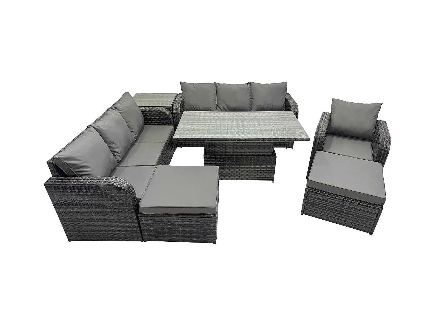 Polyrattan Gartenmöbel-Sets höhenverstellbarer Tisch Sofa Set mit Beistelltischen Liegestühle 2 hohen Hockern
