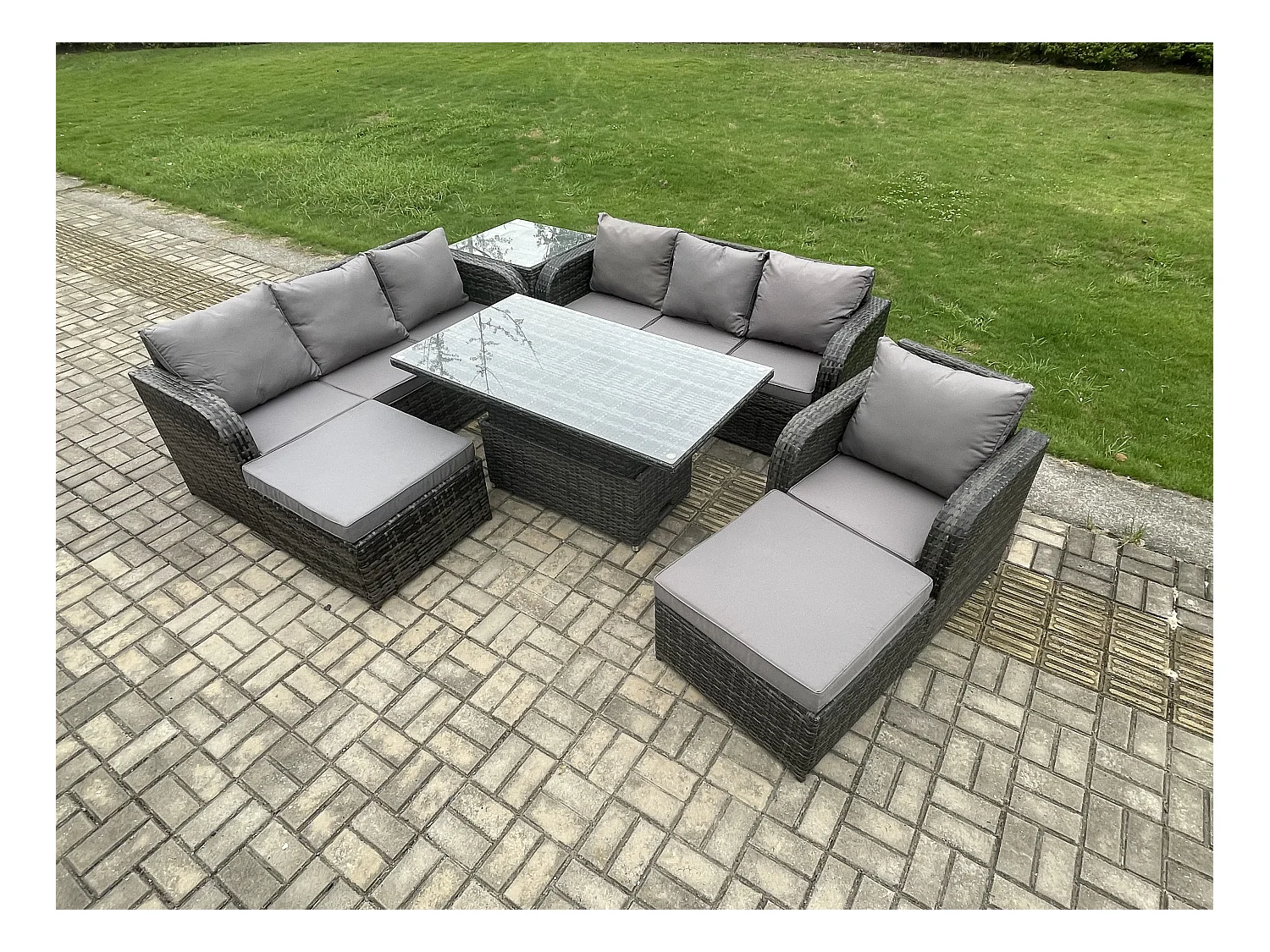 Polyrattan Gartenmöbel-Sets höhenverstellbarer Tisch Sofa Set mit Beistelltischen Liegestühle 2 hohen Hockern