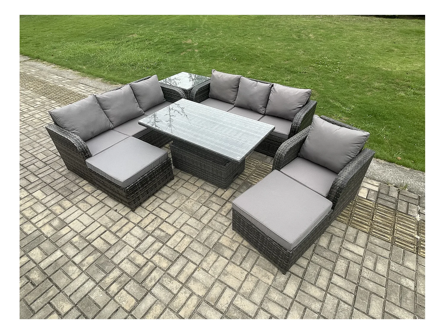 Polyrattan Gartenmöbel-Sets höhenverstellbarer Tisch Sofa Set mit Beistelltischen Liegestühle 2 hohen Hockern