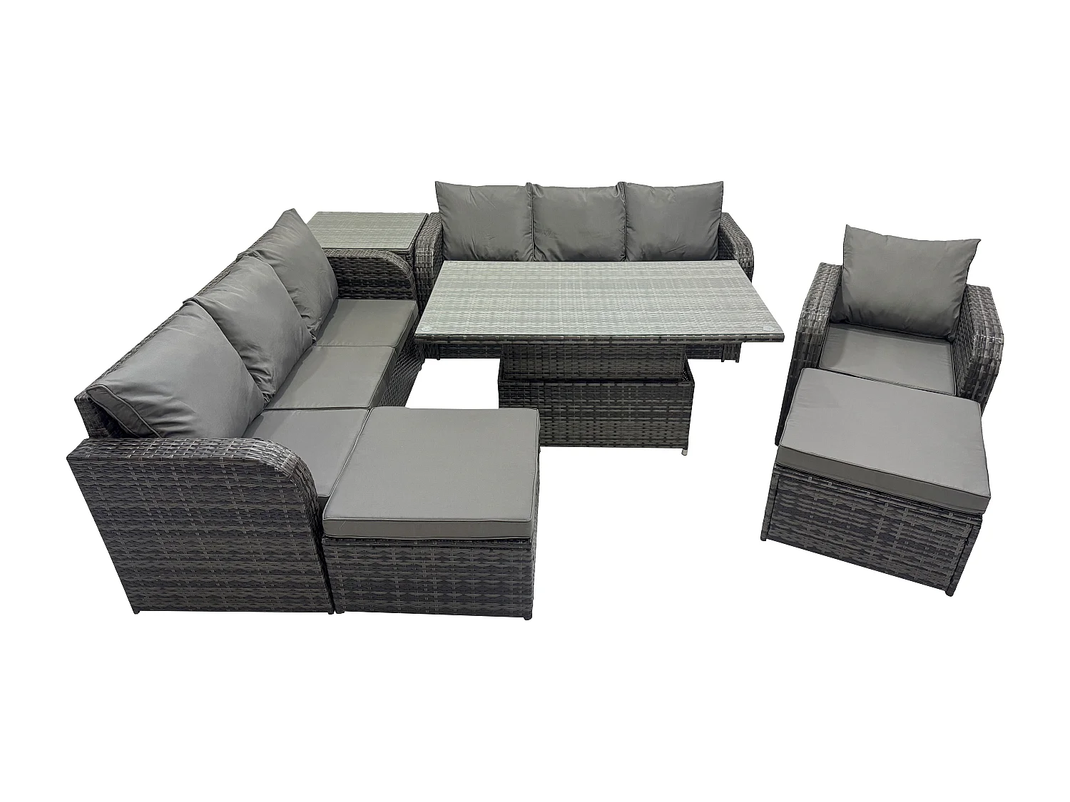 Polyrattan Gartenmöbel-Sets höhenverstellbarer Tisch Sofa Set mit Beistelltischen Liegestühle 2 hohen Hockern