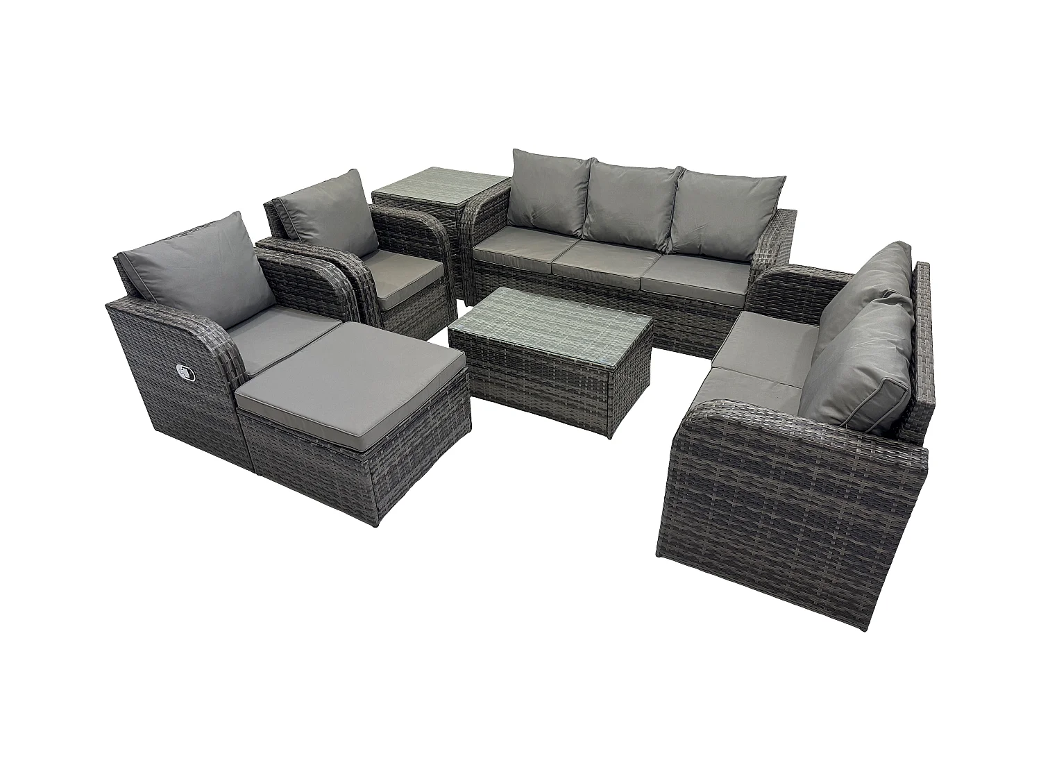 8-Sitzer Hoher Rücken Rattan Gartenmöbel Sets mit Rechteckiger Couchtisch 3-Sitzer Sofa Love Sofa 2 Großer Hockern Beistelltisch