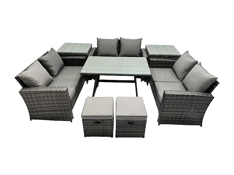 Salon de jardin avec Table à manger rectangulaire Canapé 2 places 2 Petits tabourets 2 Tables d'appoint Gris foncé mixte