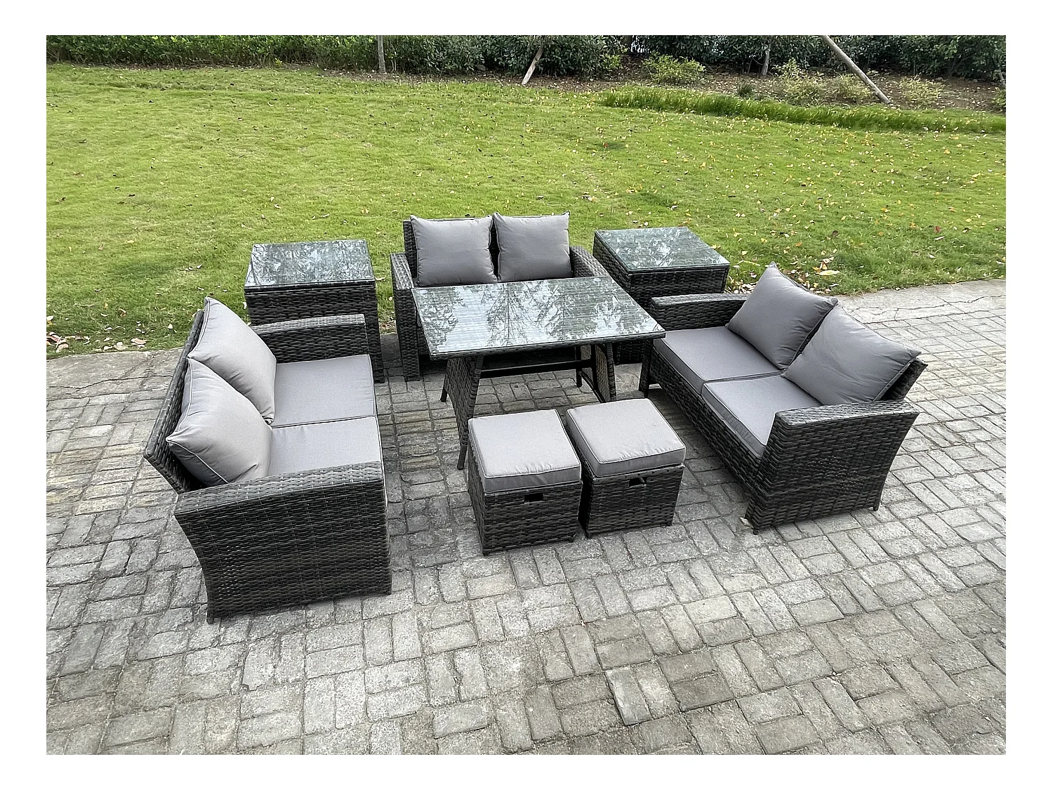 Salon de jardin avec Table à manger rectangulaire Canapé 2 places 2 Petits tabourets 2 Tables d'appoint Gris foncé mixte