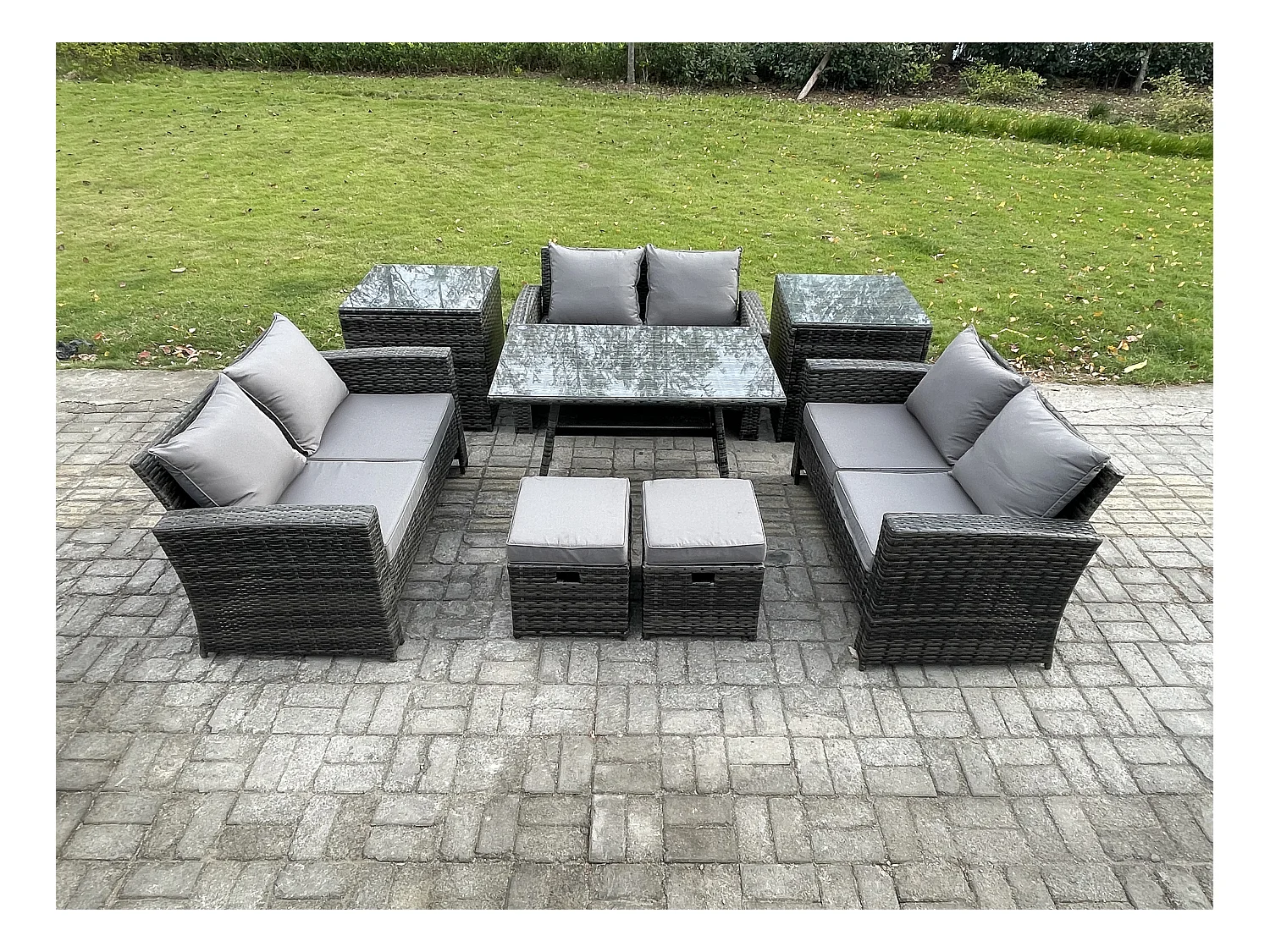 Salon de jardin avec Table à manger rectangulaire Canapé 2 places 2 Petits tabourets 2 Tables d'appoint Gris foncé mixte