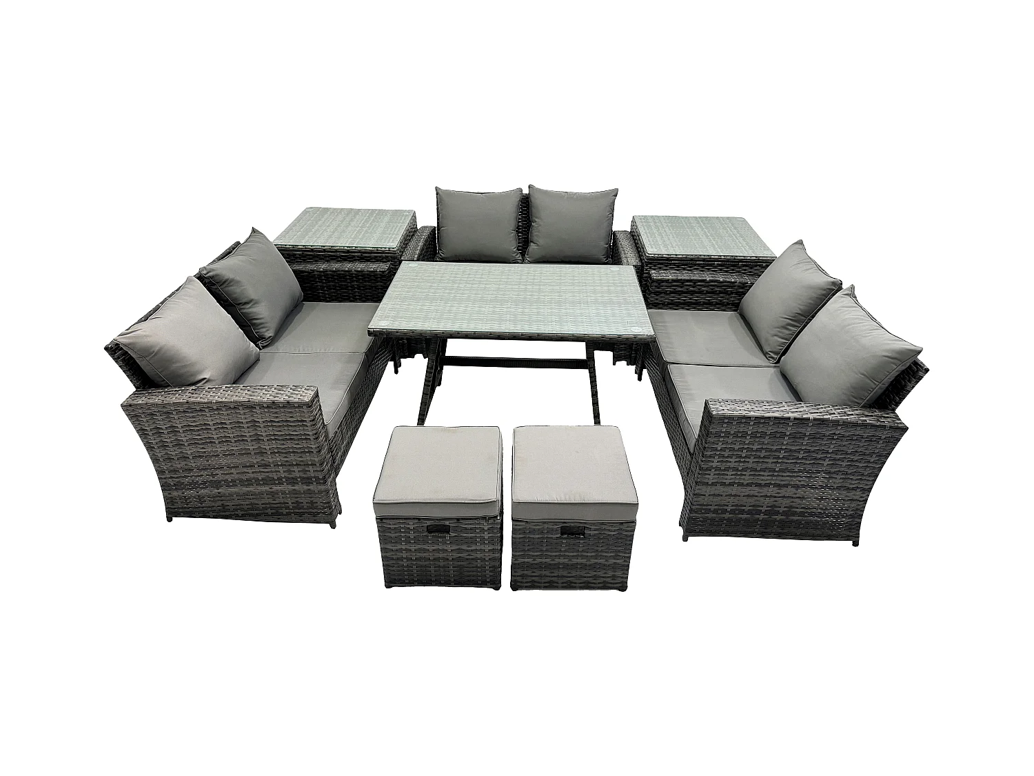 Garten Sofa im Freien Set Polyrattan Gartenmöbel Set mit Rechteckiger Esstisch 2 Seat Sofa 2 kleine Fußhockern 2 Beistelltischen Dunkelgrau Gemischt