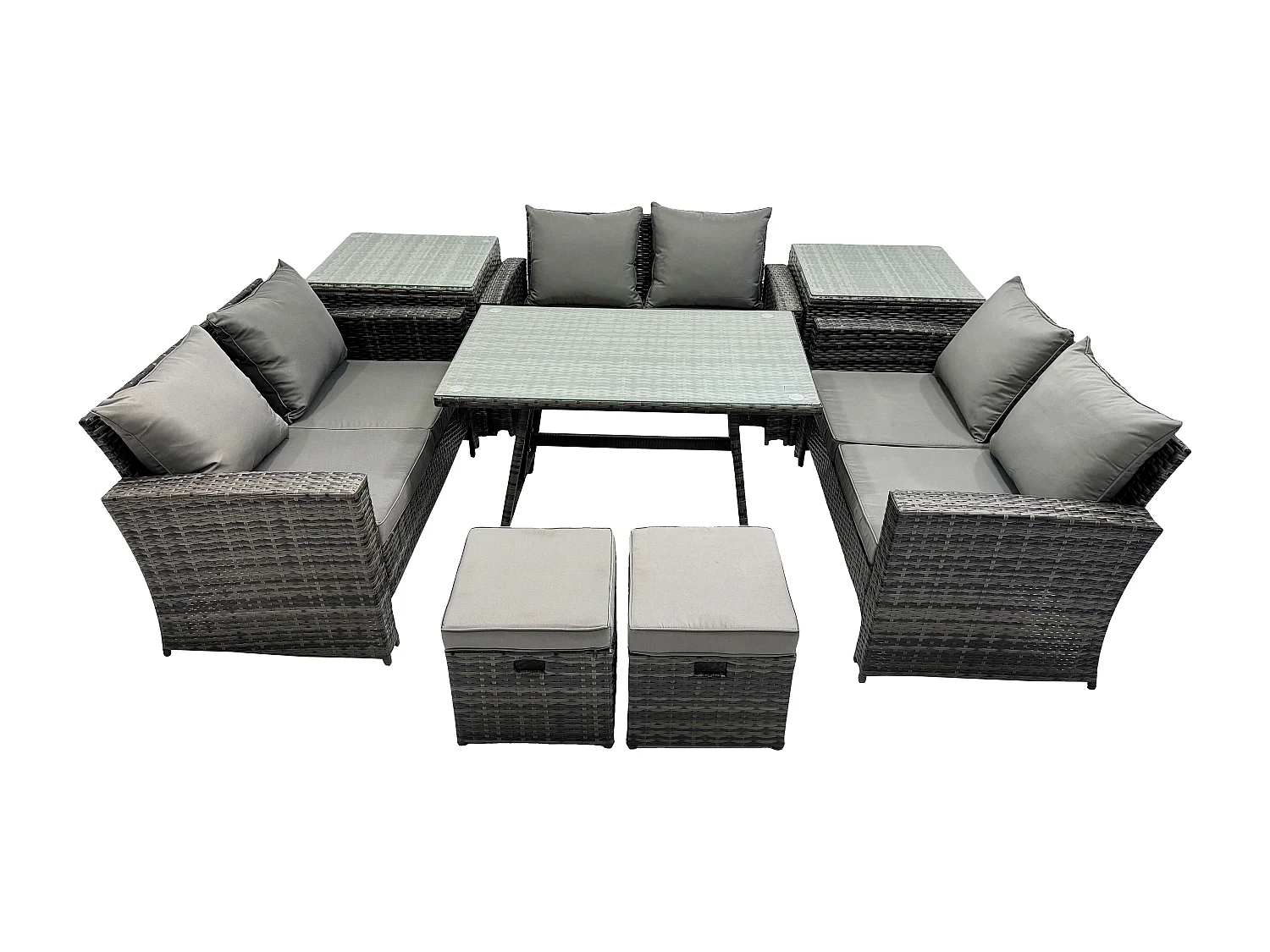 Garten Sofa im Freien Set Polyrattan Gartenmöbel Set mit Rechteckiger Esstisch 2 Seat Sofa 2 kleine Fußhockern 2 Beistelltischen Dunkelgrau Gemischt