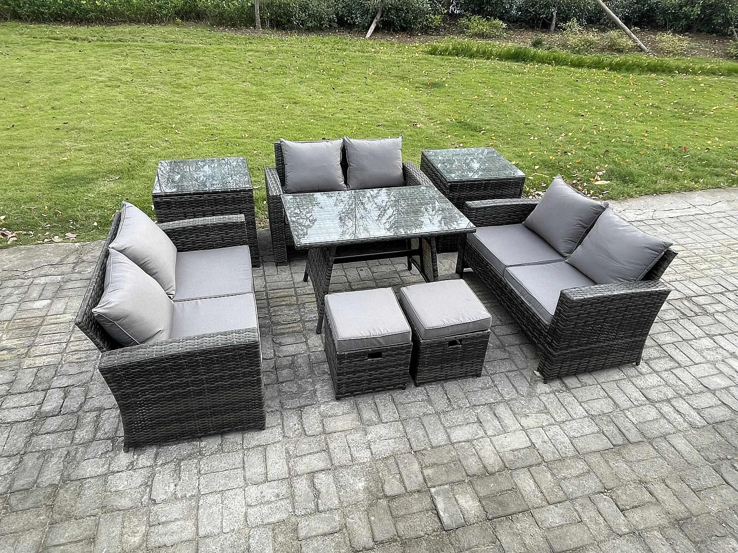 Garten Sofa im Freien Set Polyrattan Gartenmöbel Set mit Rechteckiger Esstisch 2 Seat Sofa 2 kleine Fußhockern 2 Beistelltischen Dunkelgrau Gemischt