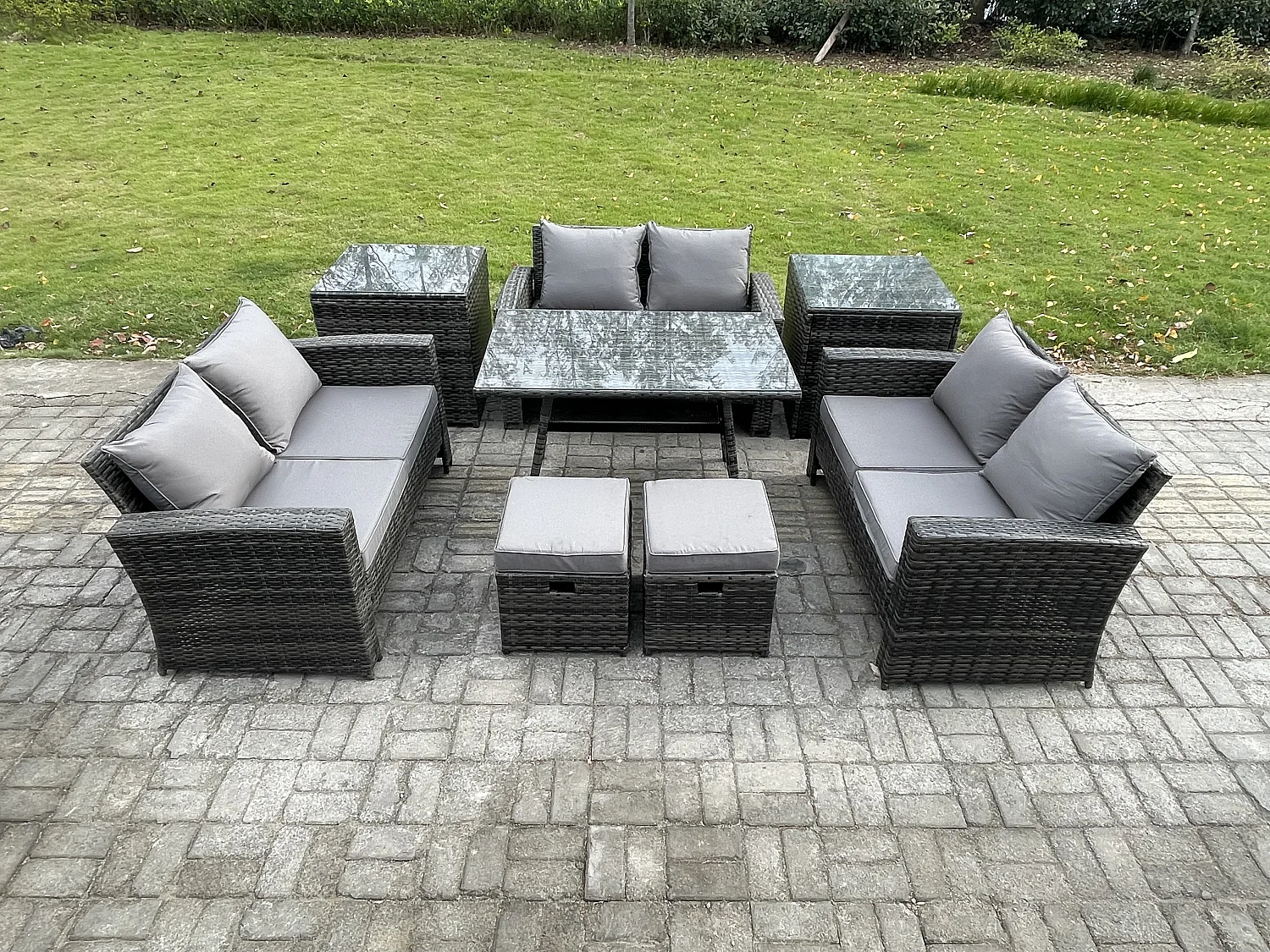 Garten Sofa im Freien Set Polyrattan Gartenmöbel Set mit Rechteckiger Esstisch 2 Seat Sofa 2 kleine Fußhockern 2 Beistelltischen Dunkelgrau Gemischt