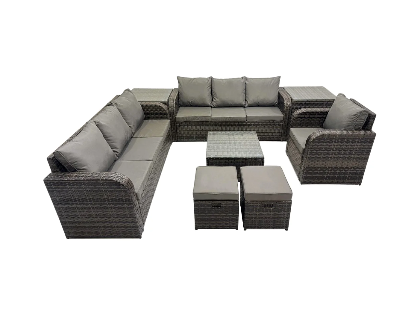 9 places Salon de jardin exterieur avec Canapés Table basse carrée Chaise inclinable 2 Petits tabourets 2 Tables d'appoint Gris foncé mixte