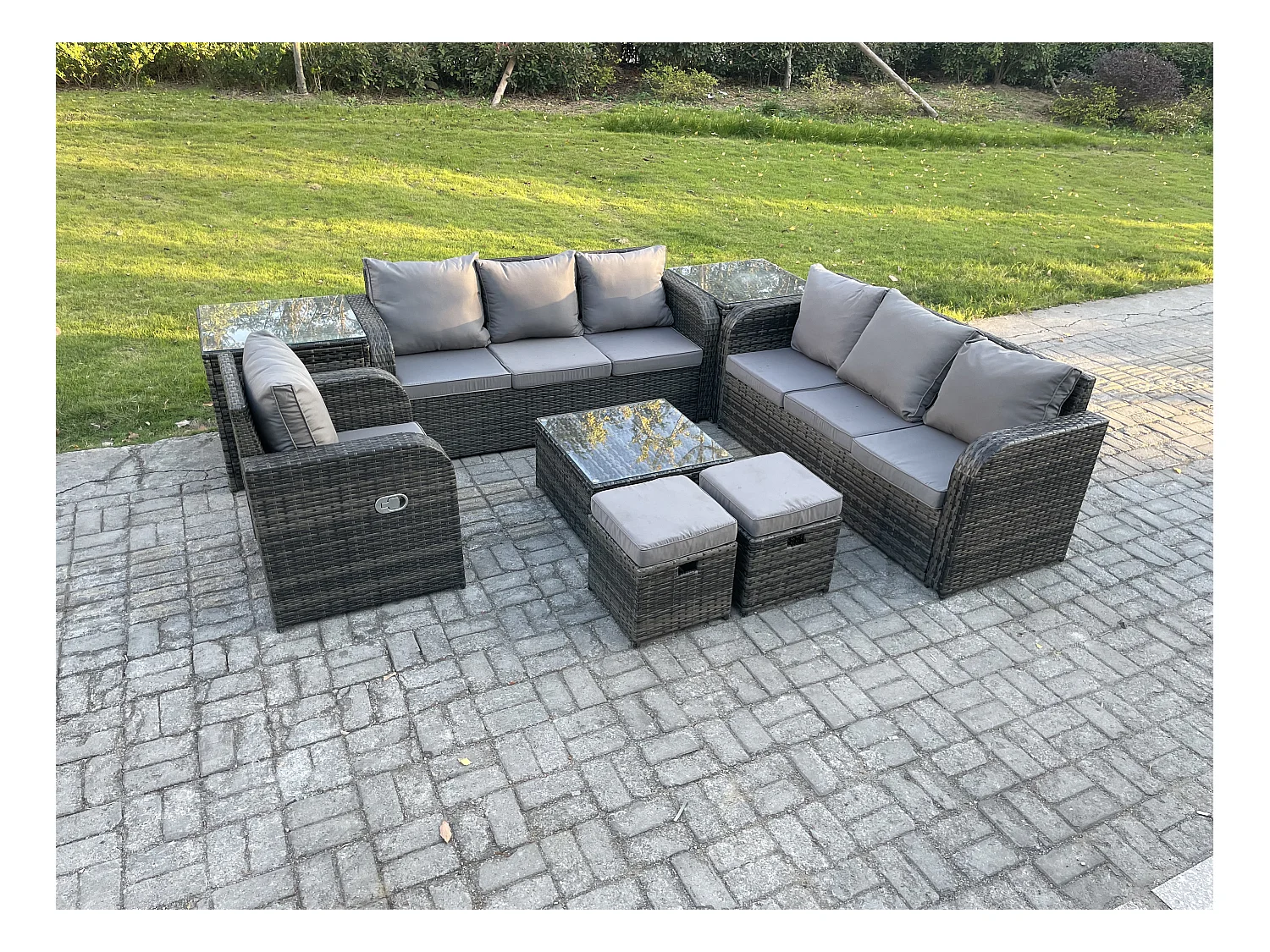 9 places Salon de jardin exterieur avec Canapés Table basse carrée Chaise inclinable 2 Petits tabourets 2 Tables d'appoint Gris foncé mixte