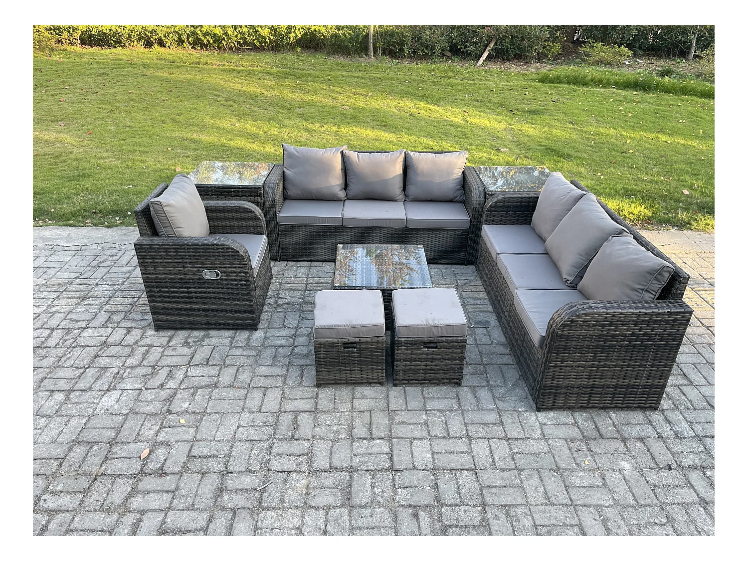 9 places Salon de jardin exterieur avec Canapés Table basse carrée Chaise inclinable 2 Petits tabourets 2 Tables d'appoint Gris foncé mixte