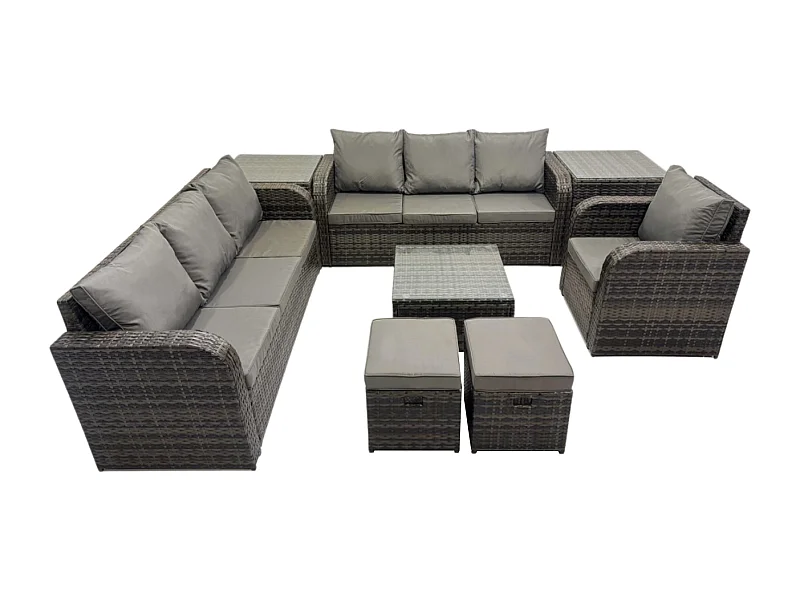 9 places Salon de jardin exterieur avec Canapés Table basse carrée Chaise inclinable 2 Petits tabourets 2 Tables d'appoint Gris foncé mixte